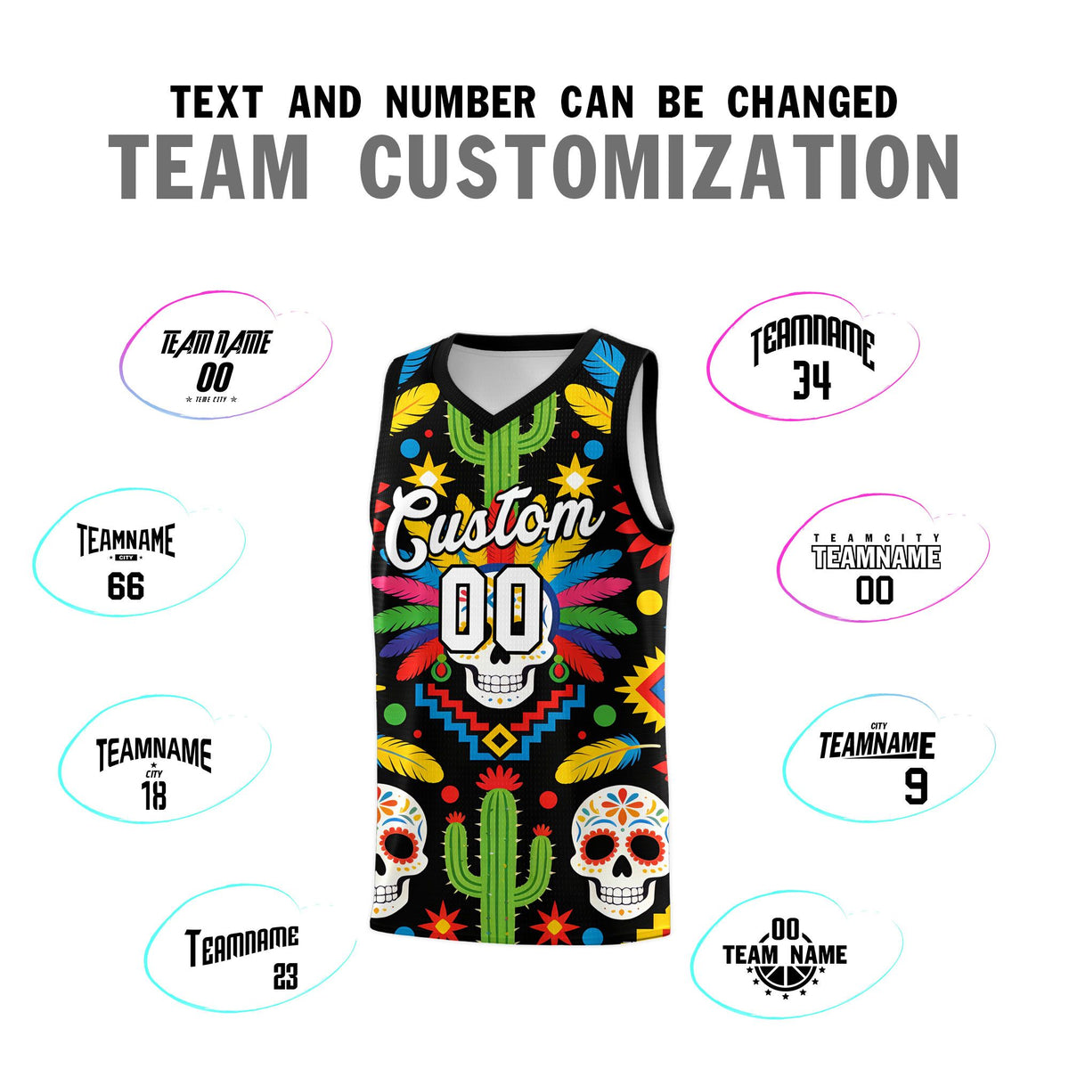 Custom Black Skeleton Mexican Colors Graffiti Patterns Quick-Drying Uniform Basketball Jersey