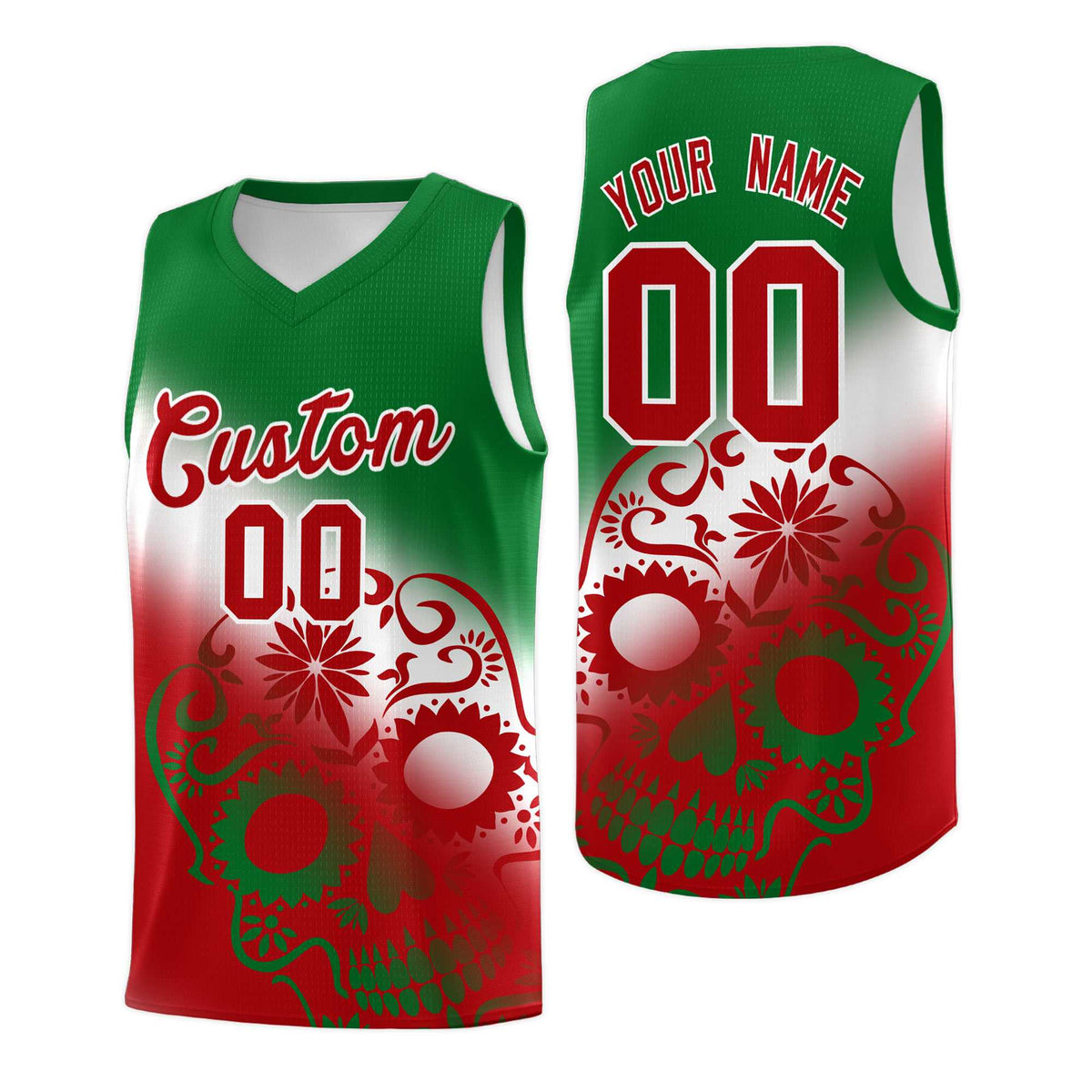 Custom White Kelly Green Red Mexican Colors Graffiti Patterns Lightweight Uniform Basketball Jersey