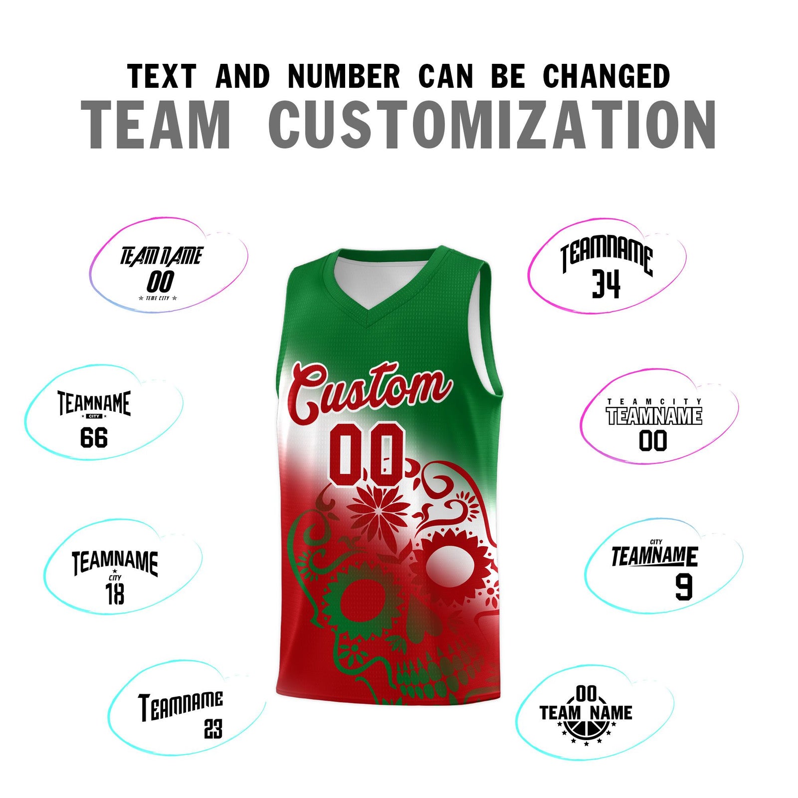 Custom White Kelly Green Red Mexican Colors Graffiti Patterns Lightweight Uniform Basketball Jersey