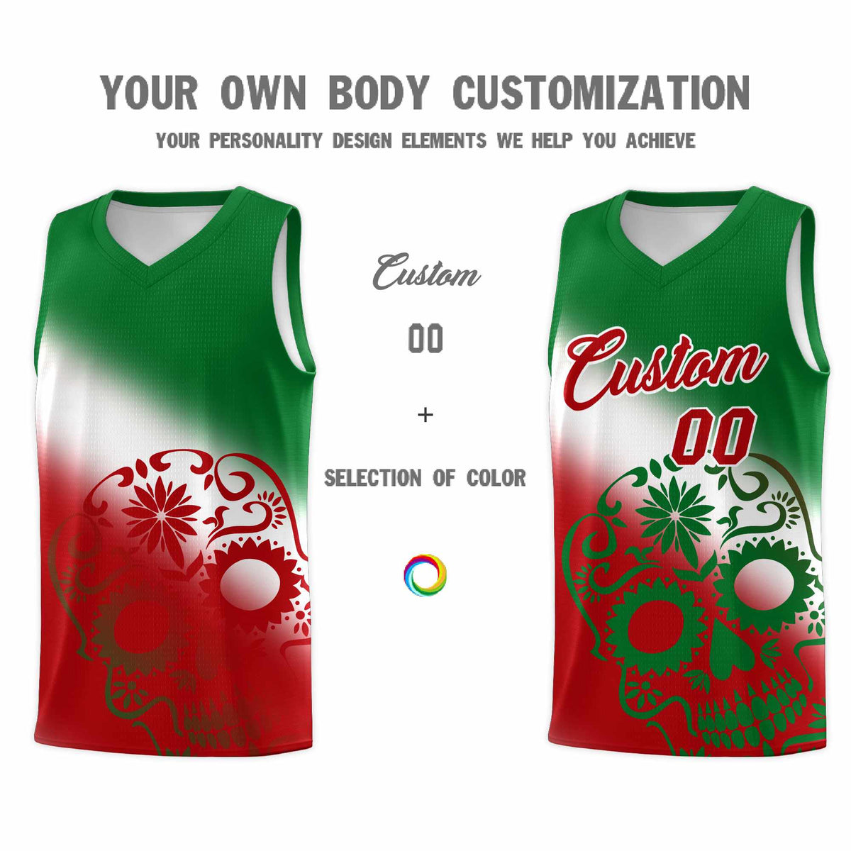 Custom White Kelly Green Red Mexican Colors Graffiti Patterns Lightweight Uniform Basketball Jersey