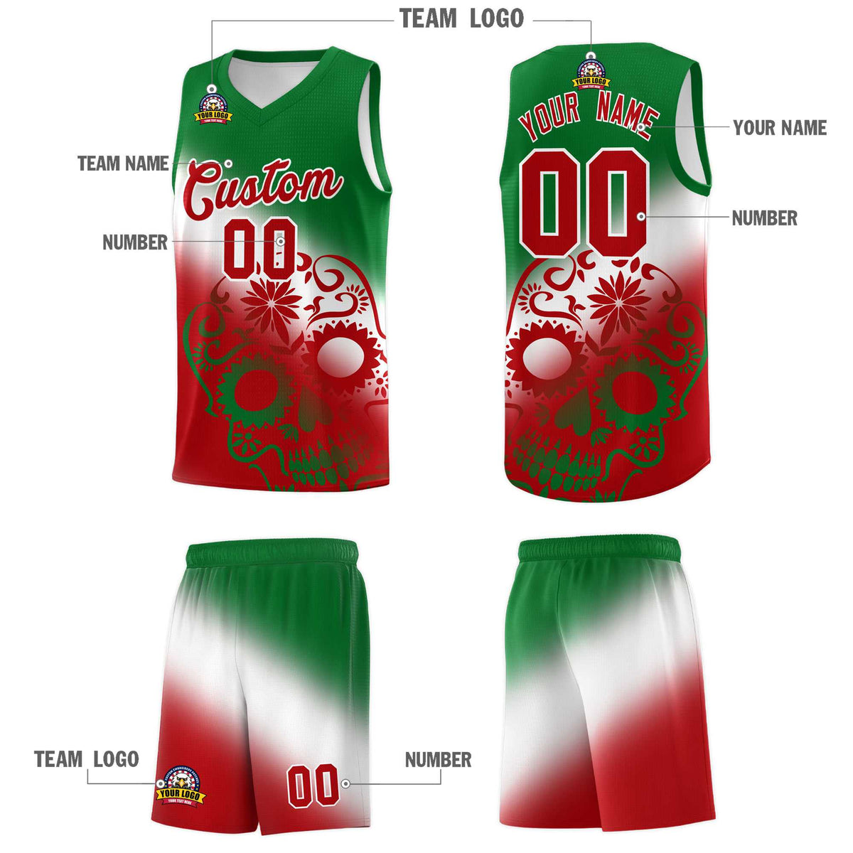 Custom White Kelly Green Red Mexican Colors Graffiti Patterns Lightweight Uniform Basketball Jersey