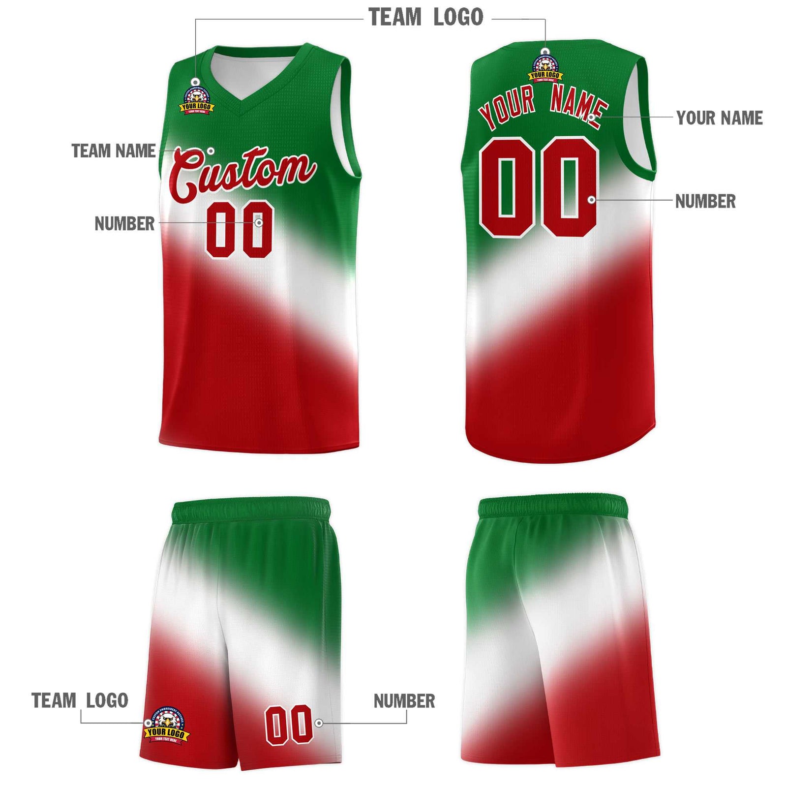 Custom White Kelly Green Red Mexican Colors Graffiti Patterns Wrinkle-Resistant Uniform Basketball Jersey