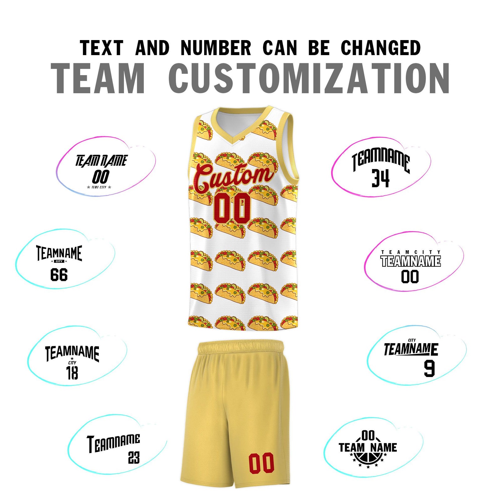 Custom White Khaki Mexican Colors Graffiti Patterns Drapable Uniform Basketball Jersey