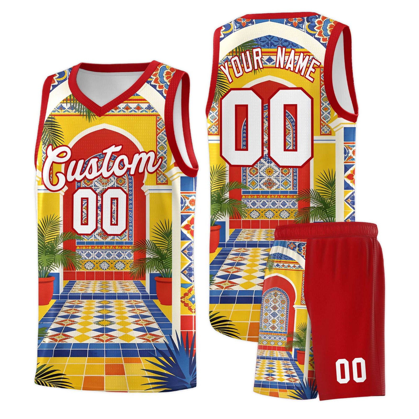 Custom Palace pattern Red Mexican Colors Graffiti Patterns Sublimation Printing Uniform Basketball Jersey
