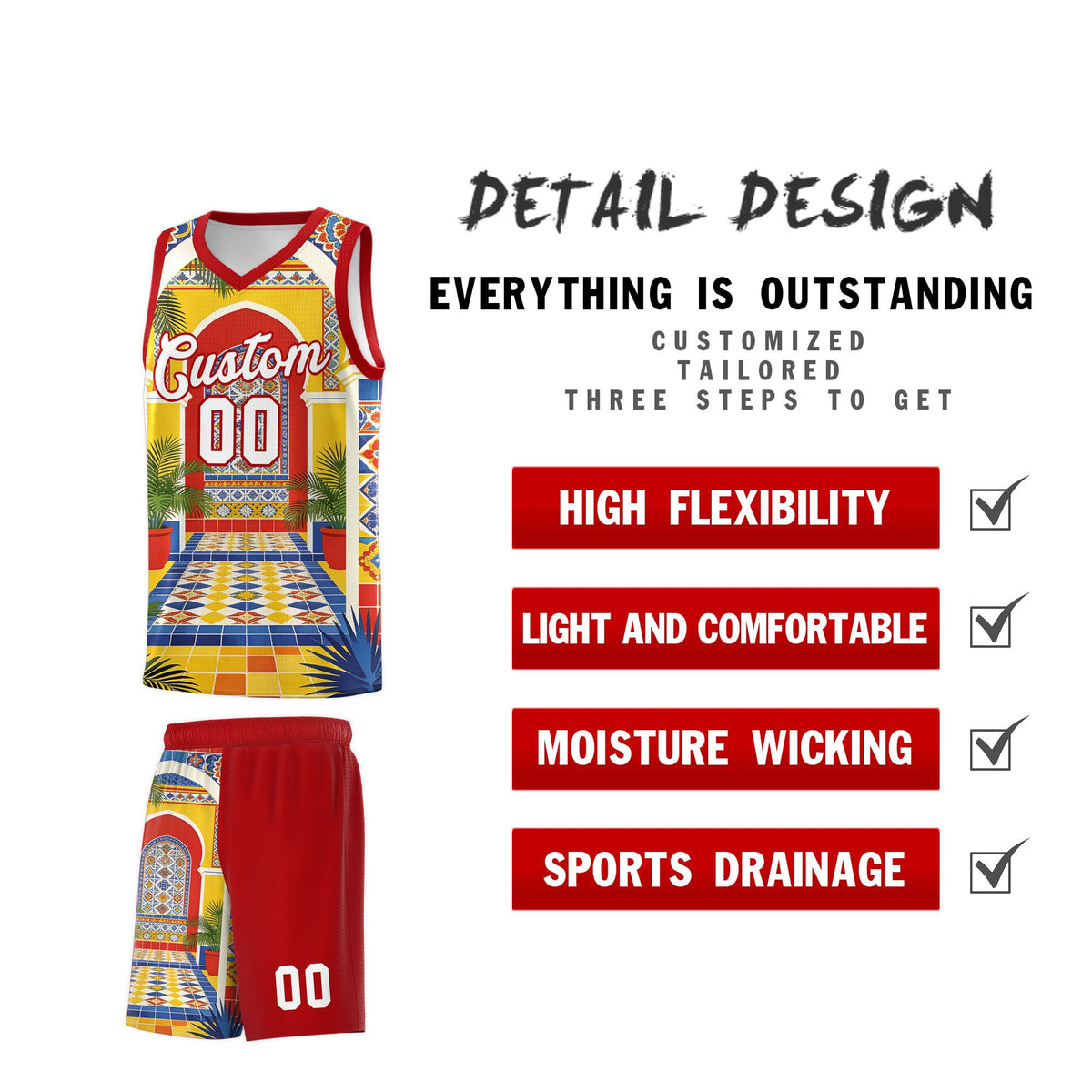 Custom Palace pattern Red Mexican Colors Graffiti Patterns Sublimation Printing Uniform Basketball Jersey