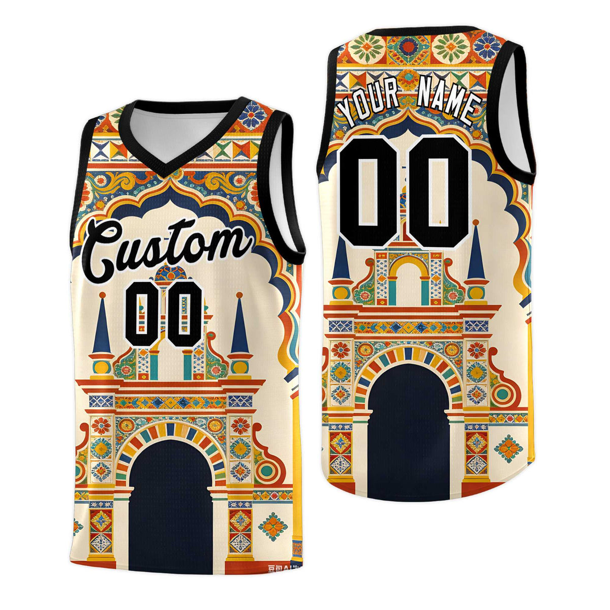 Custom Palace pattern Black Mexican Colors Graffiti Patterns Breathable Uniform Basketball Jersey