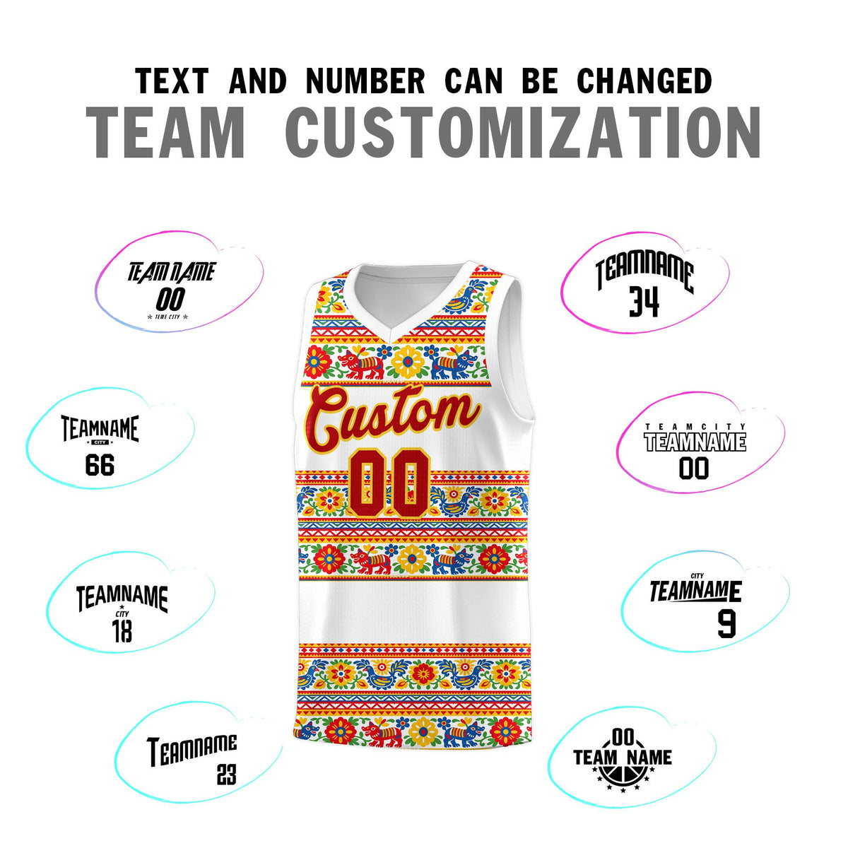 Custom White Colorfulflower pattern Mexican Colors Graffiti Patterns Quick-Drying Uniform Basketball Jersey