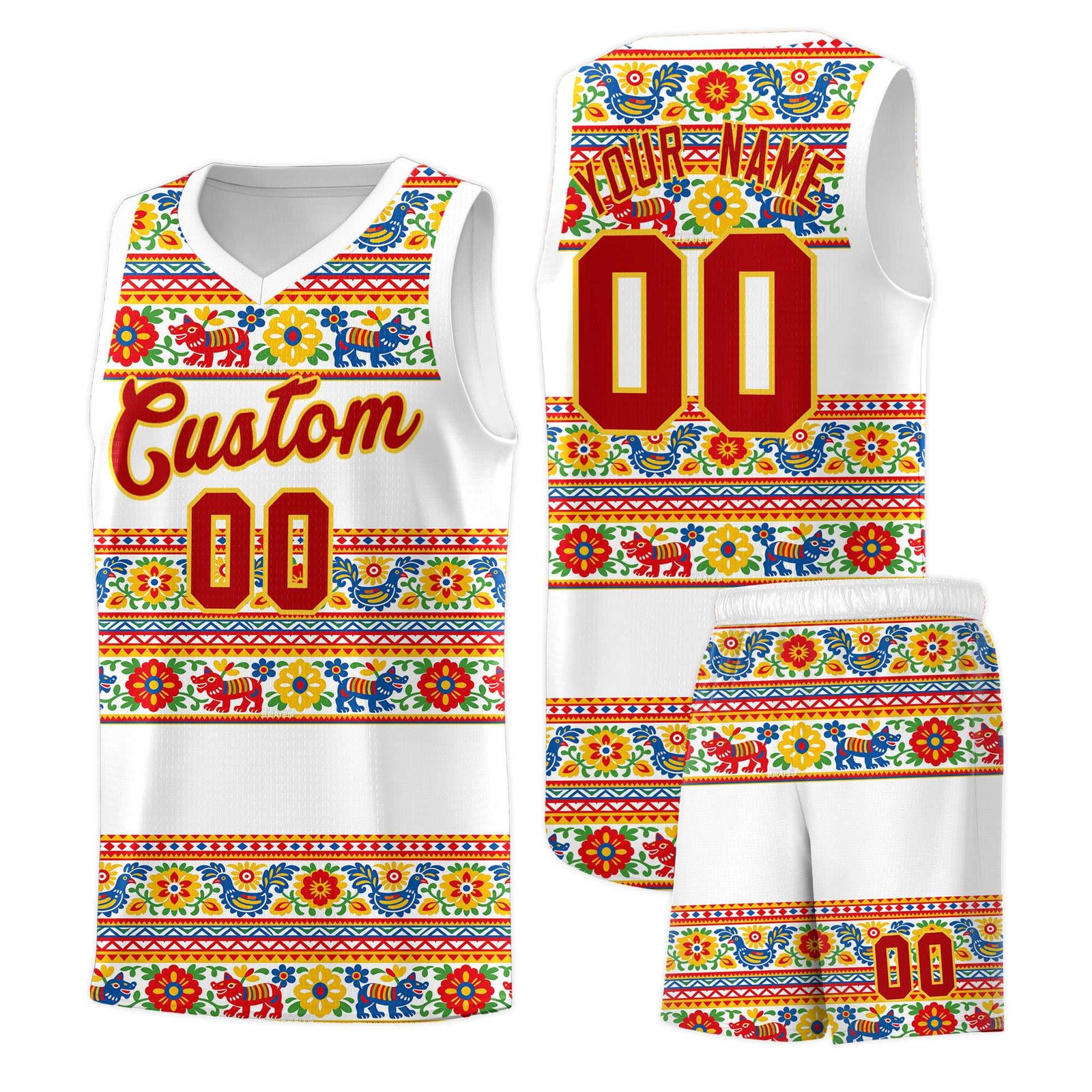 Custom White Colorfulflower pattern Mexican Colors Graffiti Patterns Quick-Drying Uniform Basketball Jersey