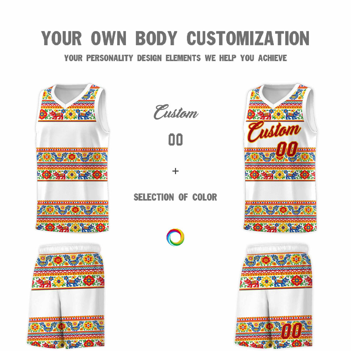 Custom White Colorfulflower pattern Mexican Colors Graffiti Patterns Quick-Drying Uniform Basketball Jersey