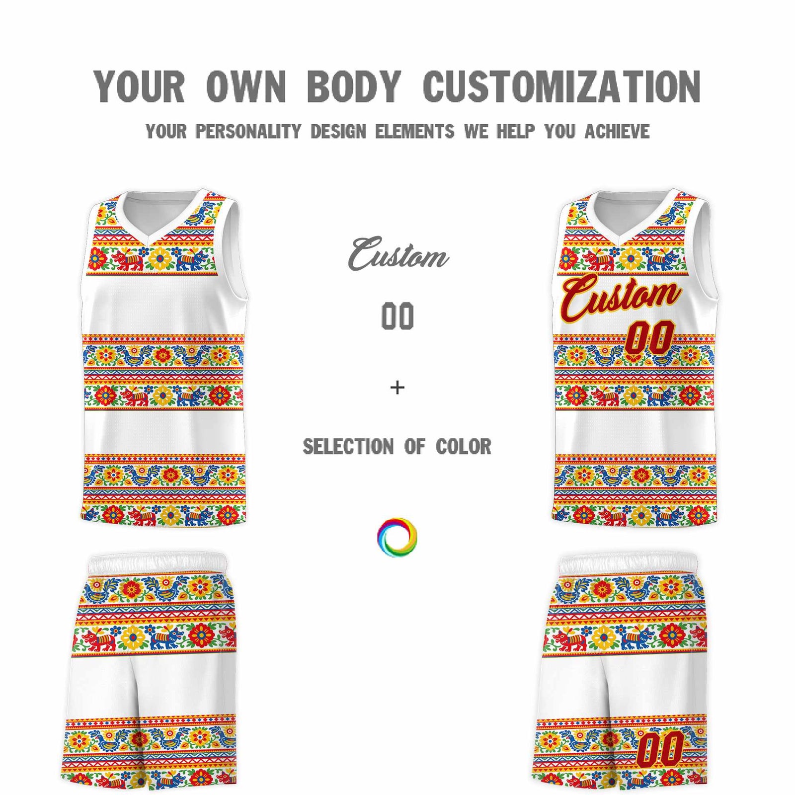 Custom White Colorfulflower pattern Mexican Colors Graffiti Patterns Quick-Drying Uniform Basketball Jersey