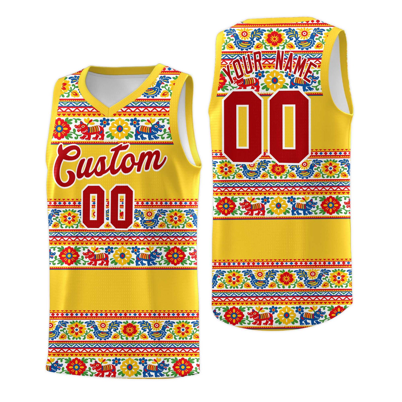 Custom Gold Colorfulflower pattern Mexican Colors Graffiti Patterns Lightweight Uniform Basketball Jersey