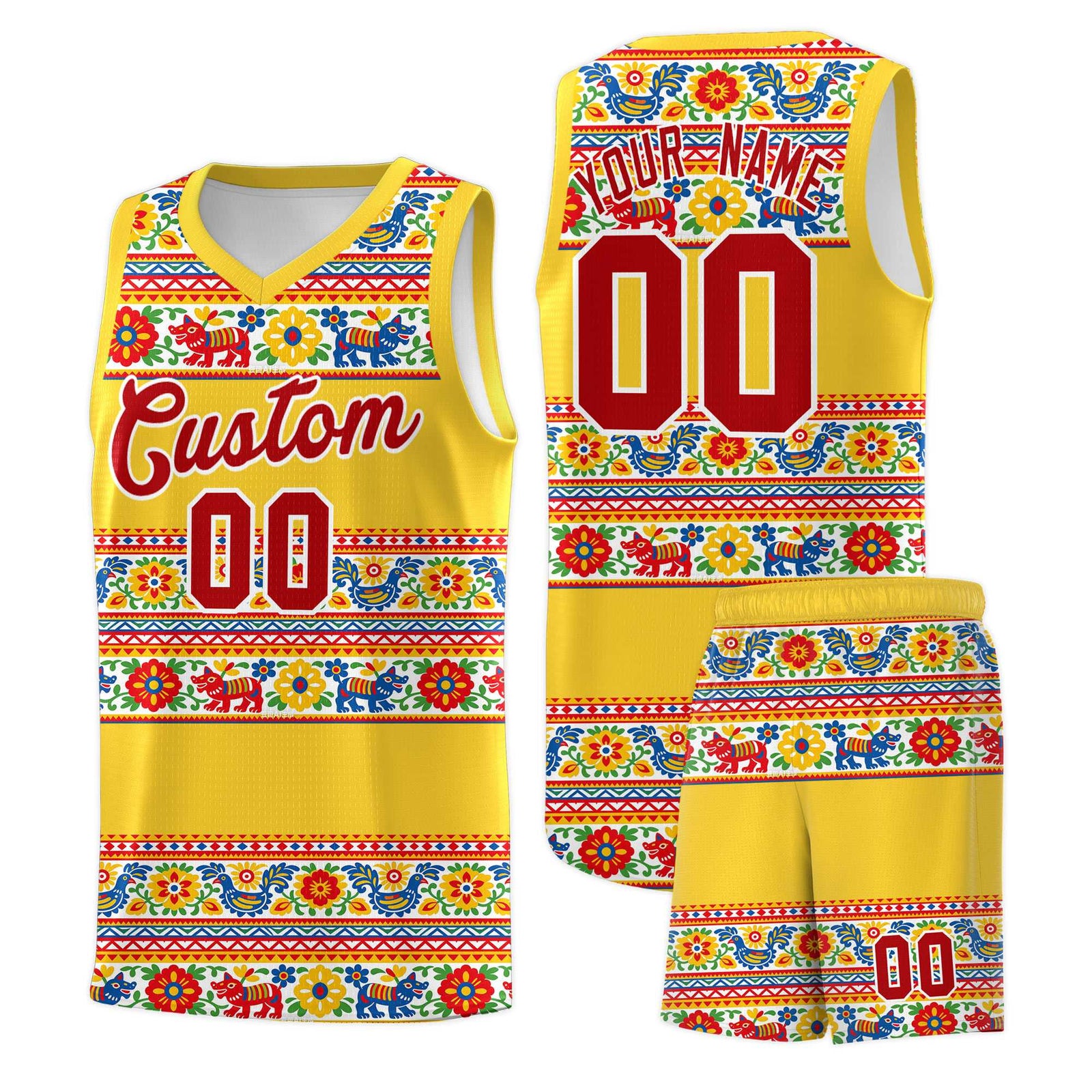 Custom Gold Colorfulflower pattern Mexican Colors Graffiti Patterns Lightweight Uniform Basketball Jersey