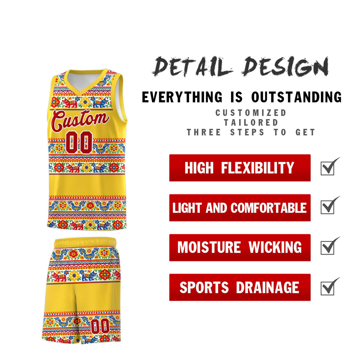 Custom Gold Colorfulflower pattern Mexican Colors Graffiti Patterns Lightweight Uniform Basketball Jersey