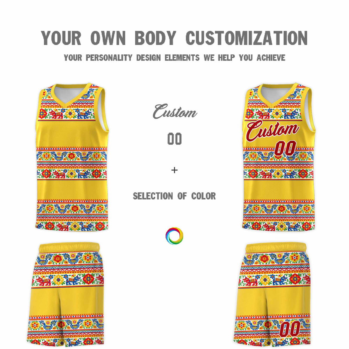 Custom Gold Colorfulflower pattern Mexican Colors Graffiti Patterns Lightweight Uniform Basketball Jersey
