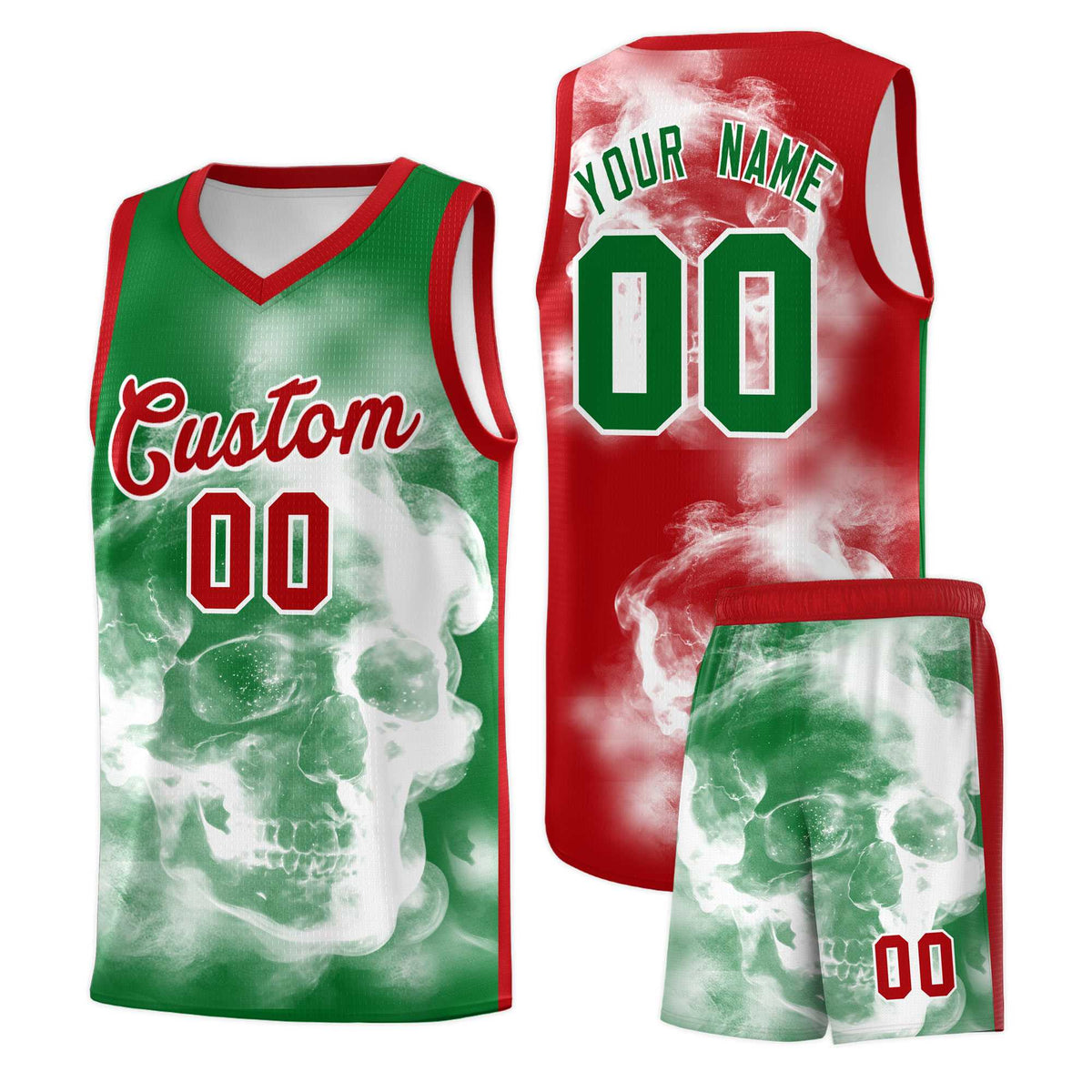 Custom White Red Kelly GreenMexican Colors Graffiti Patterns Drapable Uniform Basketball Jersey