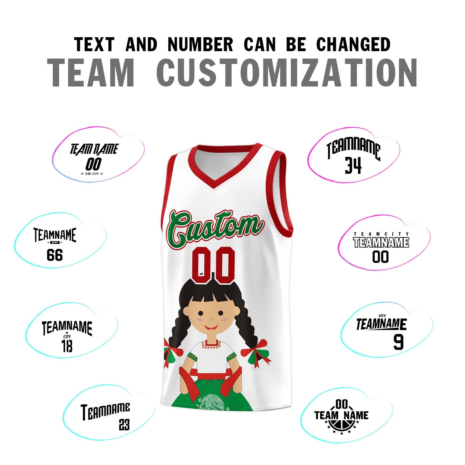 Custom White Red Mexican Colors Graffiti Patterns Sublimation Printing Uniform Basketball Jersey