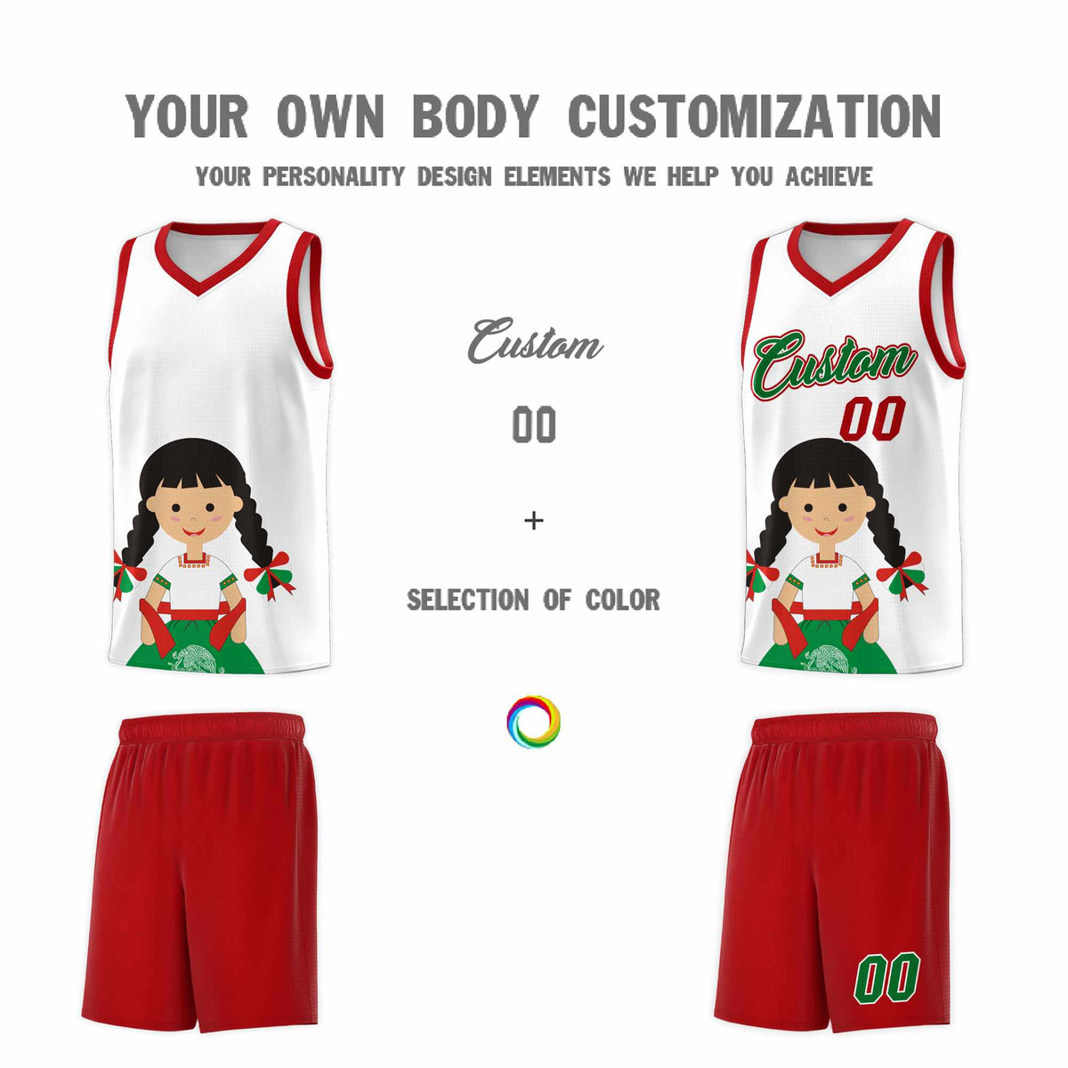 Custom White Red Mexican Colors Graffiti Patterns Sublimation Printing Uniform Basketball Jersey