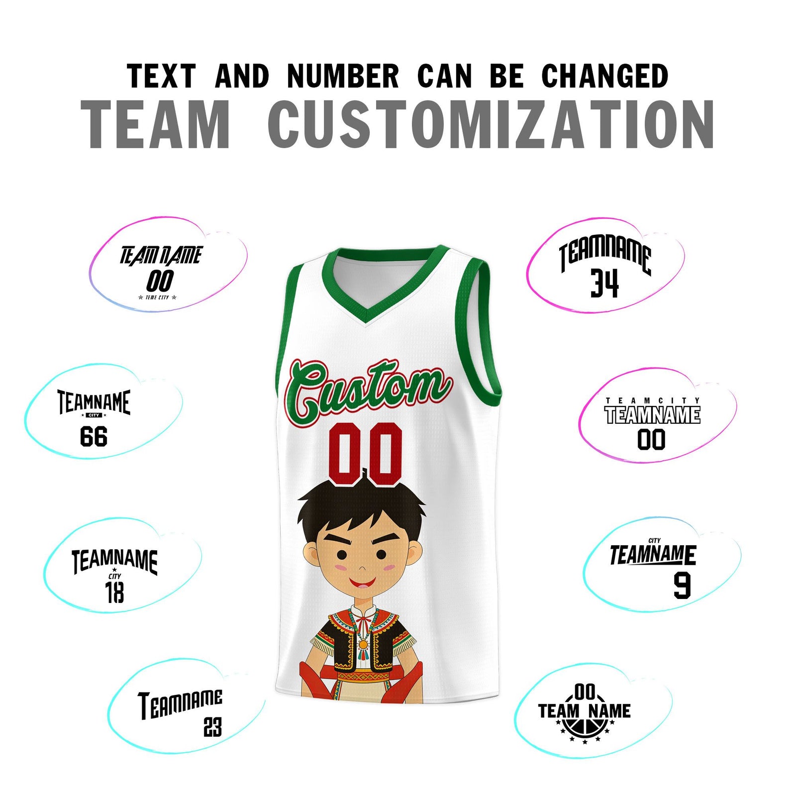Custom White Kelly Green Mexican Colors Graffiti Patterns Breathable Uniform Basketball Jersey