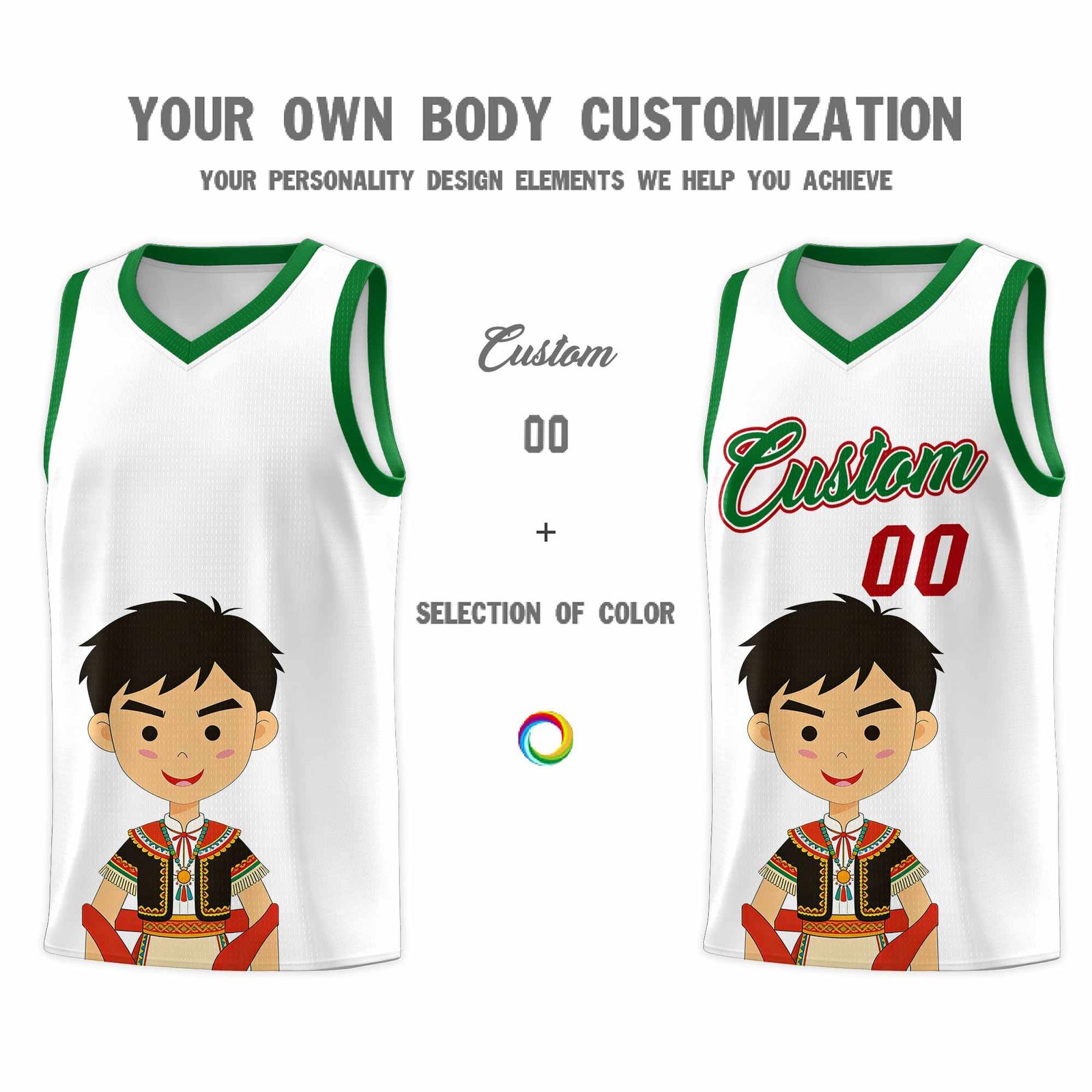 Custom White Kelly Green Mexican Colors Graffiti Patterns Breathable Uniform Basketball Jersey