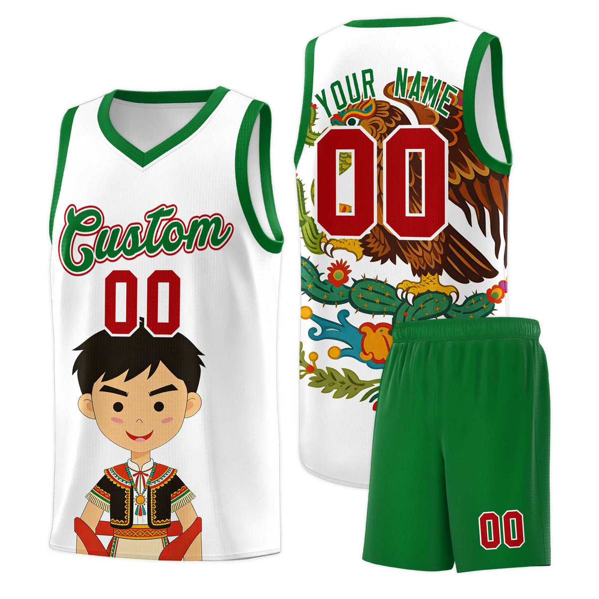 Custom White Kelly Green Mexican Colors Graffiti Patterns Breathable Uniform Basketball Jersey