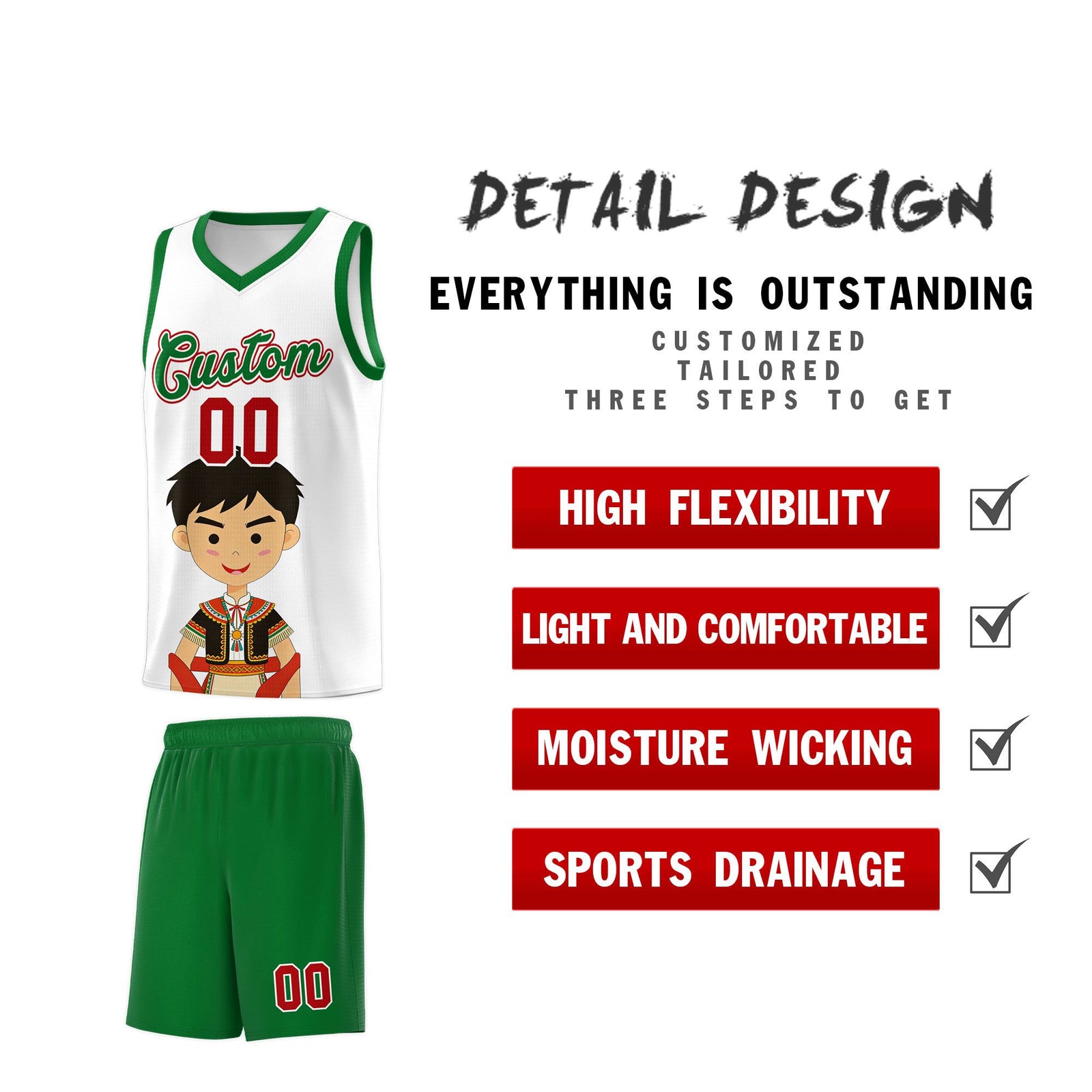 Custom White Kelly Green Mexican Colors Graffiti Patterns Breathable Uniform Basketball Jersey