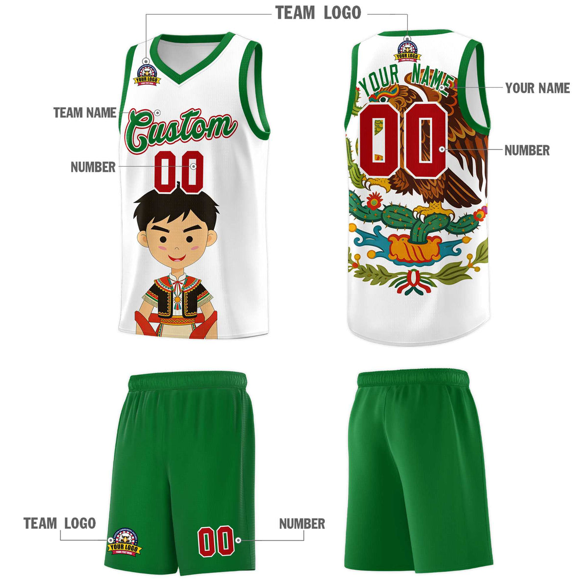 Custom White Kelly Green Mexican Colors Graffiti Patterns Breathable Uniform Basketball Jersey