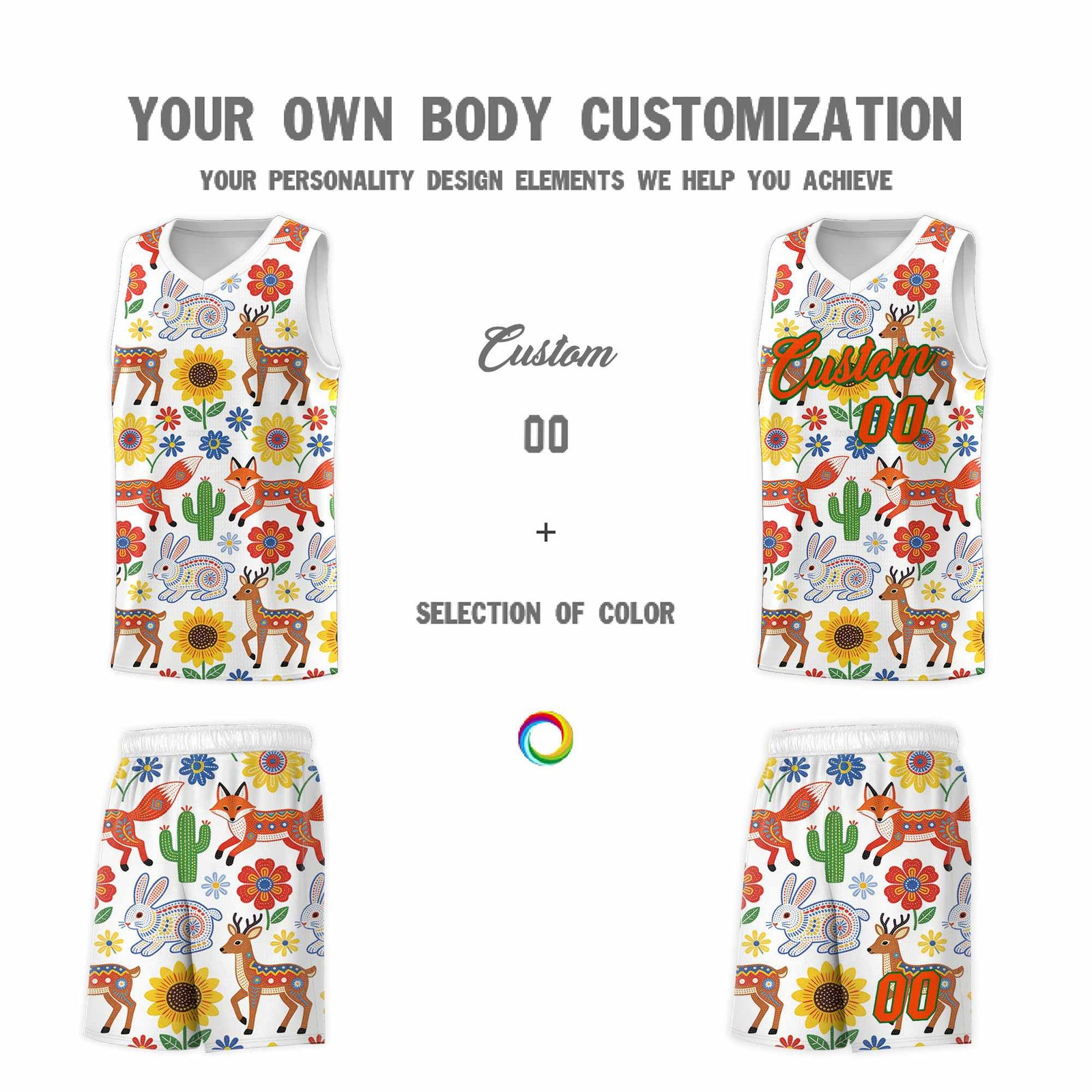 Custom White Chrysanthemum OrangeMexican Colors Graffiti Patterns Quick-Drying Uniform Basketball Jersey