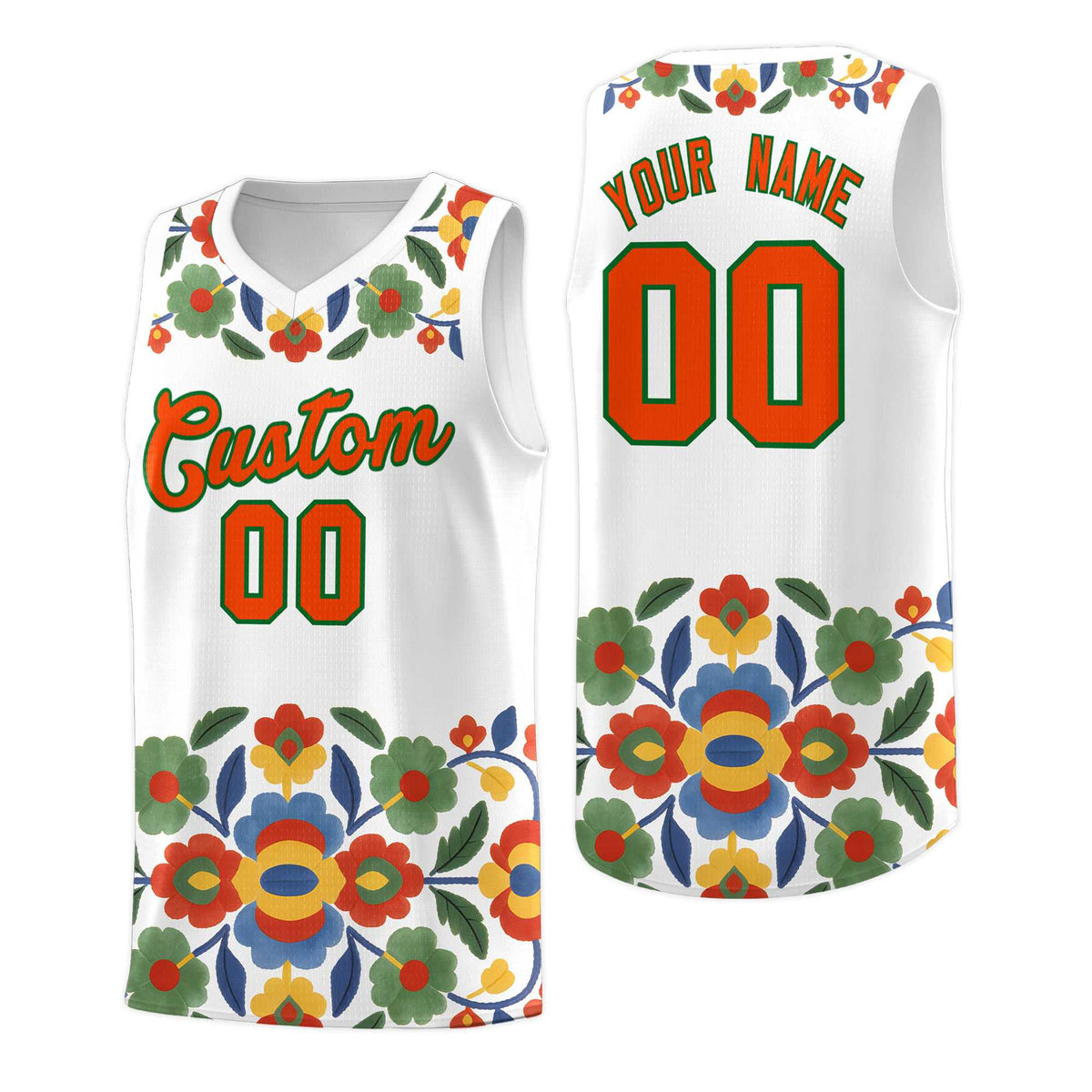 Custom White Orange Mexican Colors Graffiti Patterns Lightweight Uniform Basketball Jersey