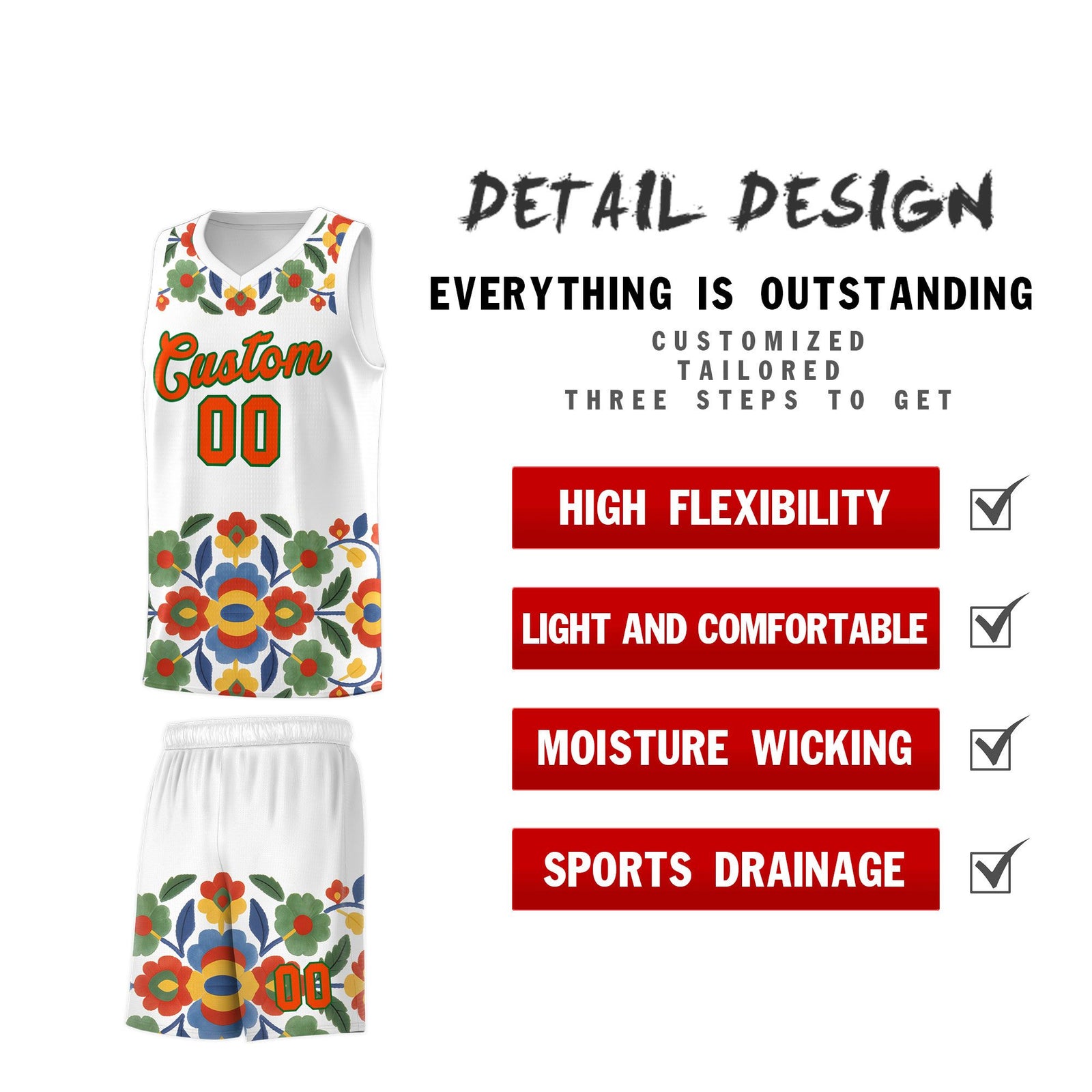 Custom White Orange Mexican Colors Graffiti Patterns Lightweight Uniform Basketball Jersey