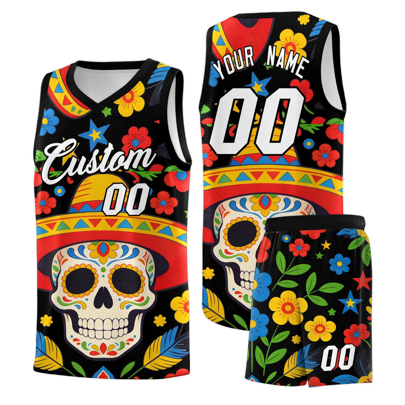 Custom Black Skeleton Mexican Colors Graffiti Patterns Breathable Uniform Basketball Jersey
