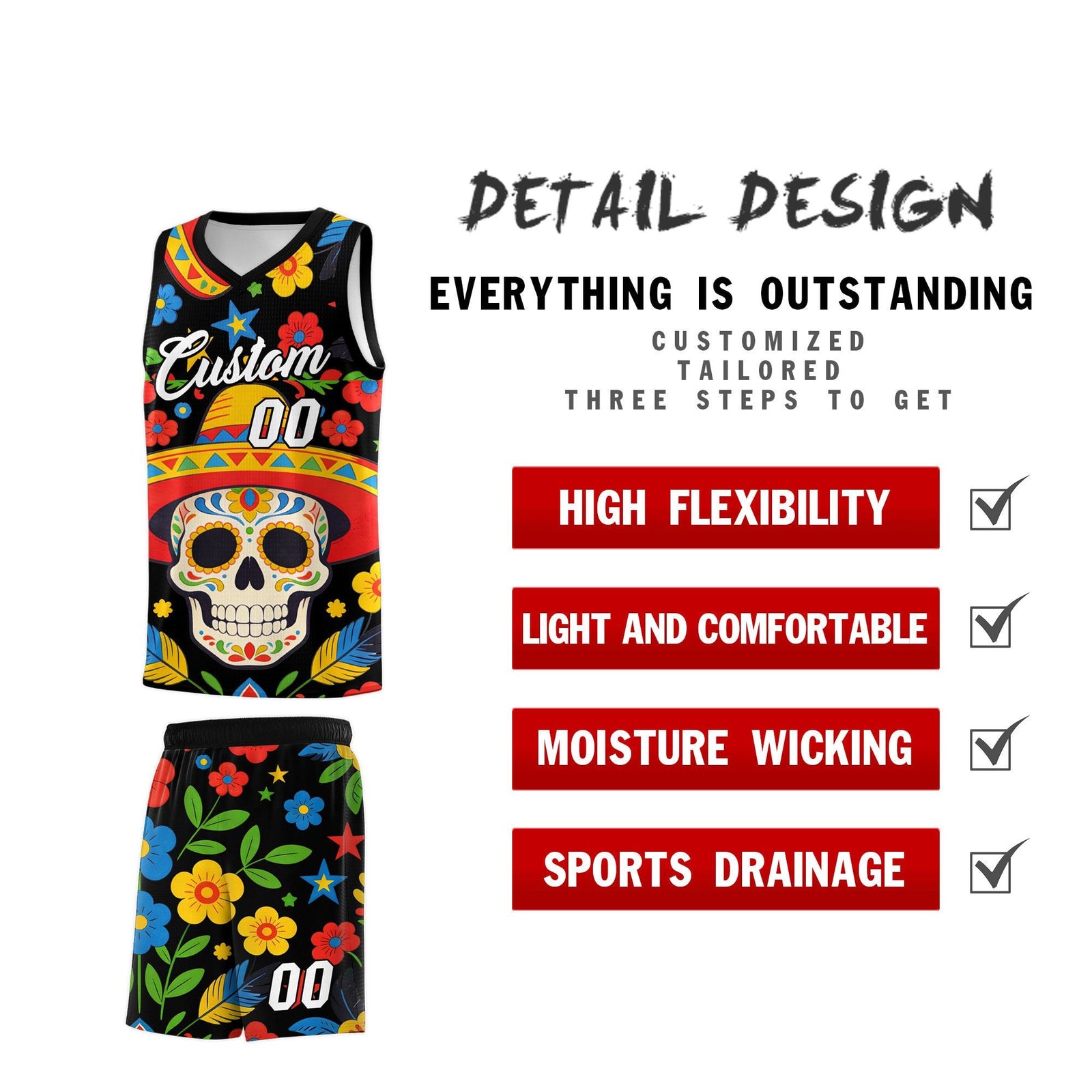Custom Black Skeleton Mexican Colors Graffiti Patterns Breathable Uniform Basketball Jersey