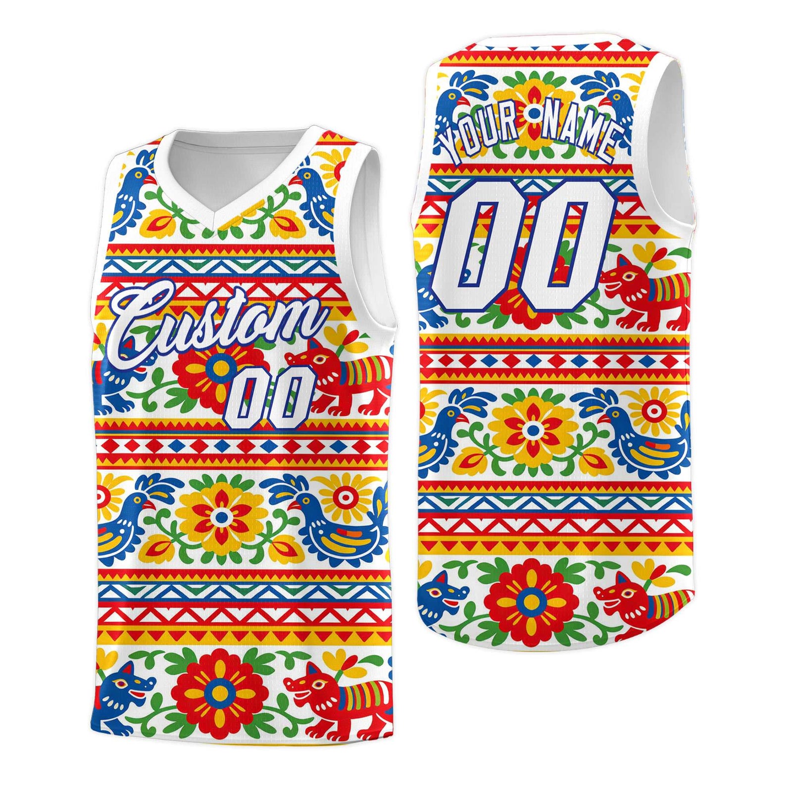 Custom White Colorfulflower pattern Mexican Colors Graffiti Patterns Quick-Drying Uniform Basketball Jersey