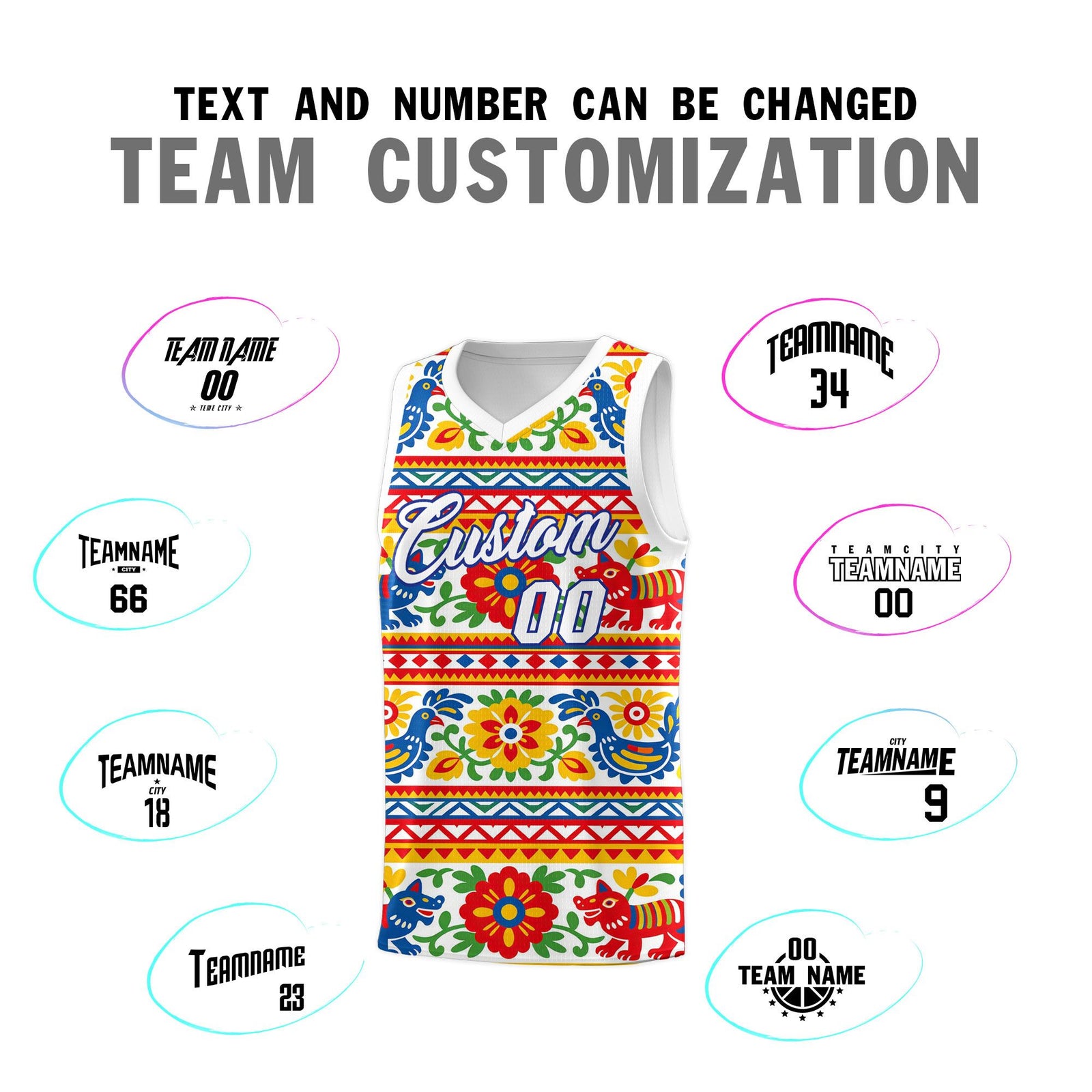 Custom White Colorfulflower pattern Mexican Colors Graffiti Patterns Quick-Drying Uniform Basketball Jersey