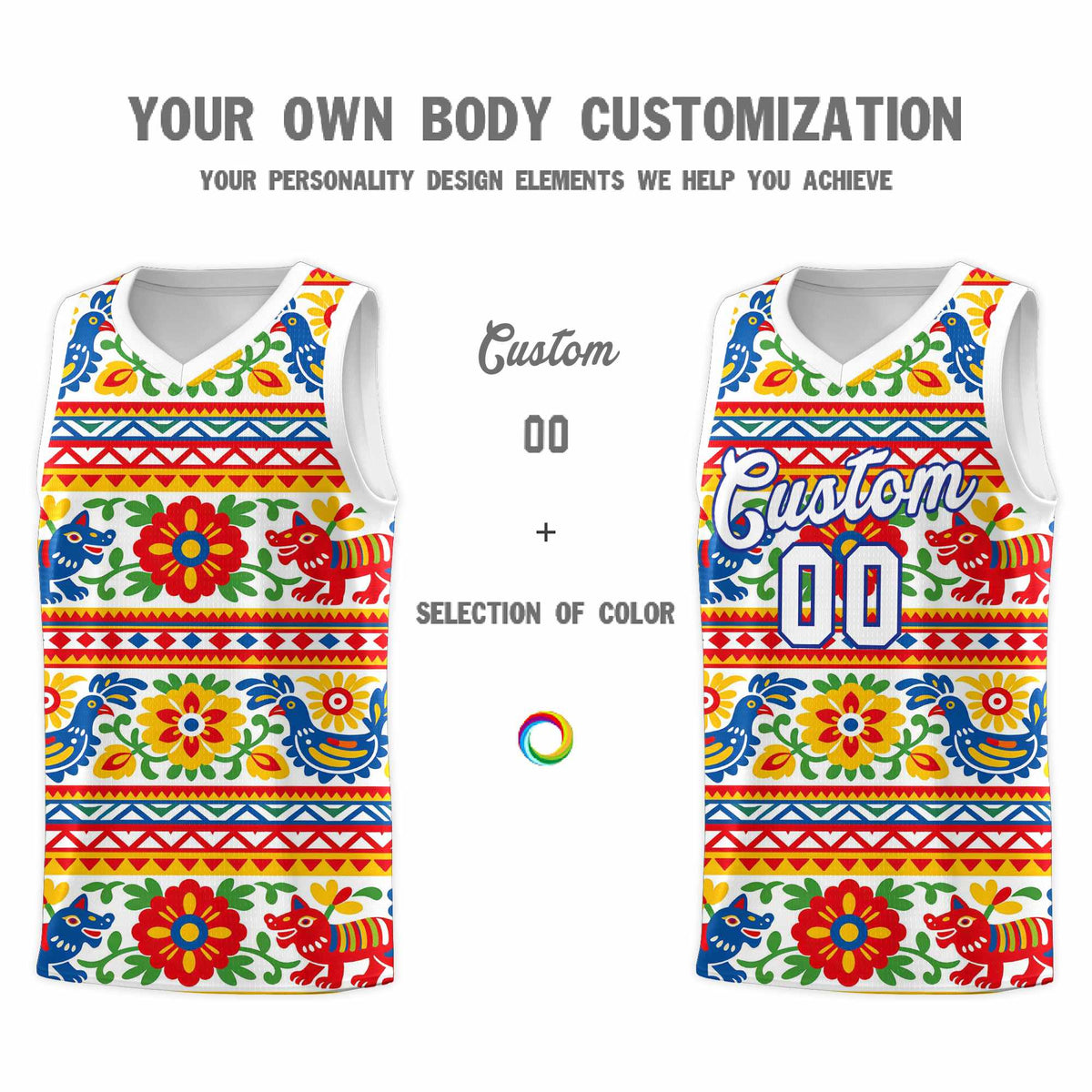 Custom White Colorfulflower pattern Mexican Colors Graffiti Patterns Quick-Drying Uniform Basketball Jersey