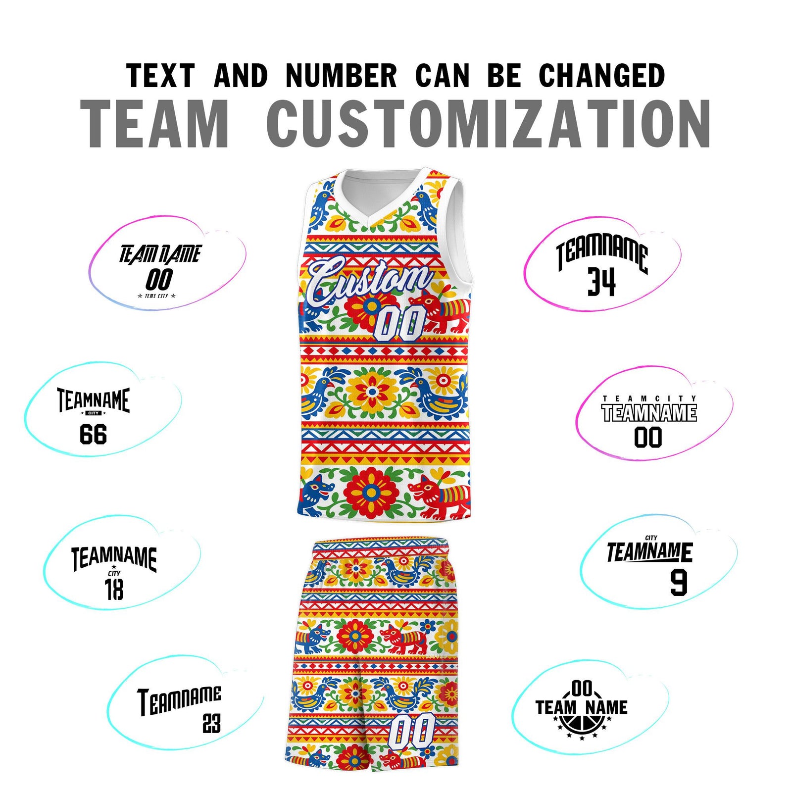 Custom White Colorfulflower pattern Mexican Colors Graffiti Patterns Quick-Drying Uniform Basketball Jersey