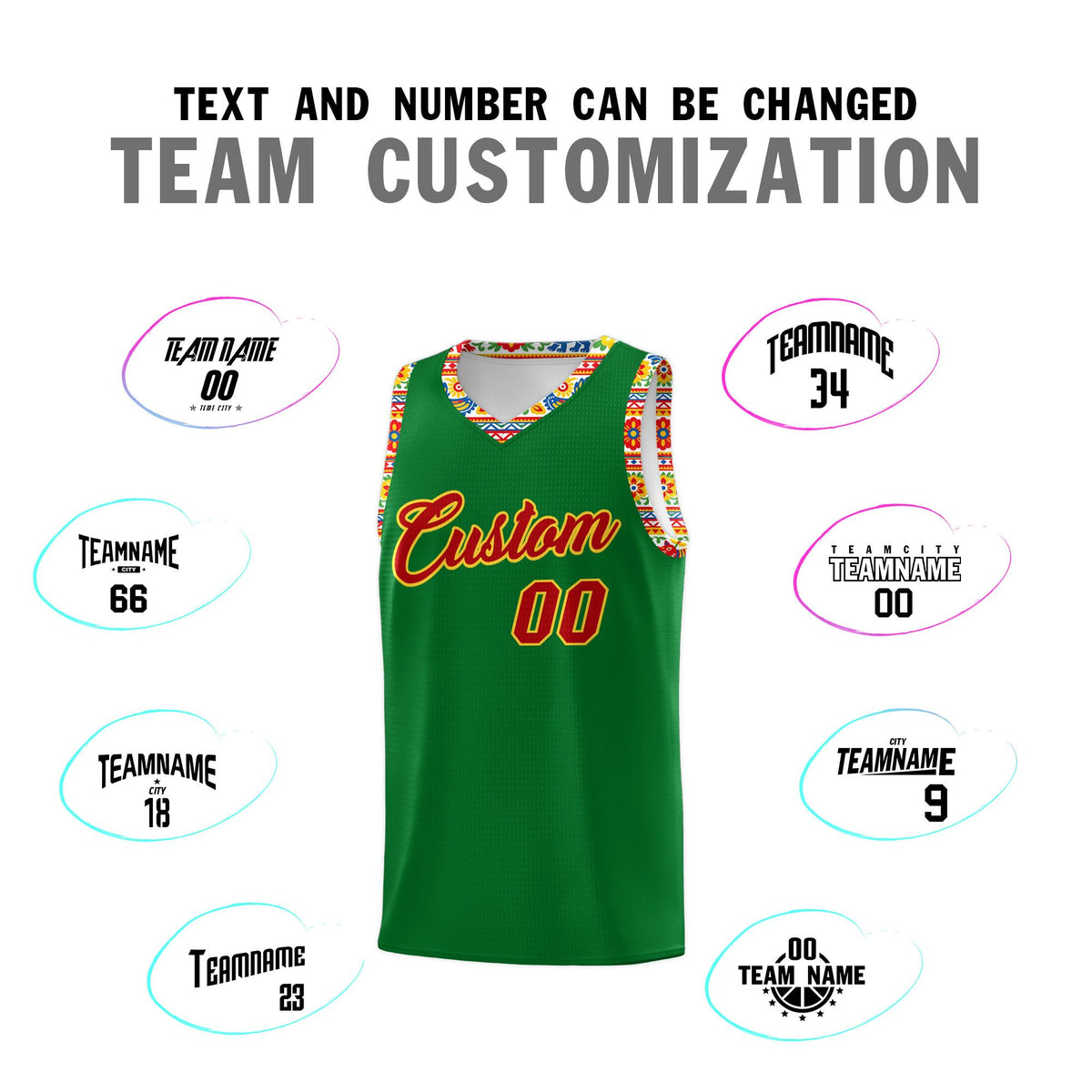 Custom Kelly Green Colorfulflower pattern Mexican Colors Graffiti Patterns Lightweight Uniform Basketball Jersey