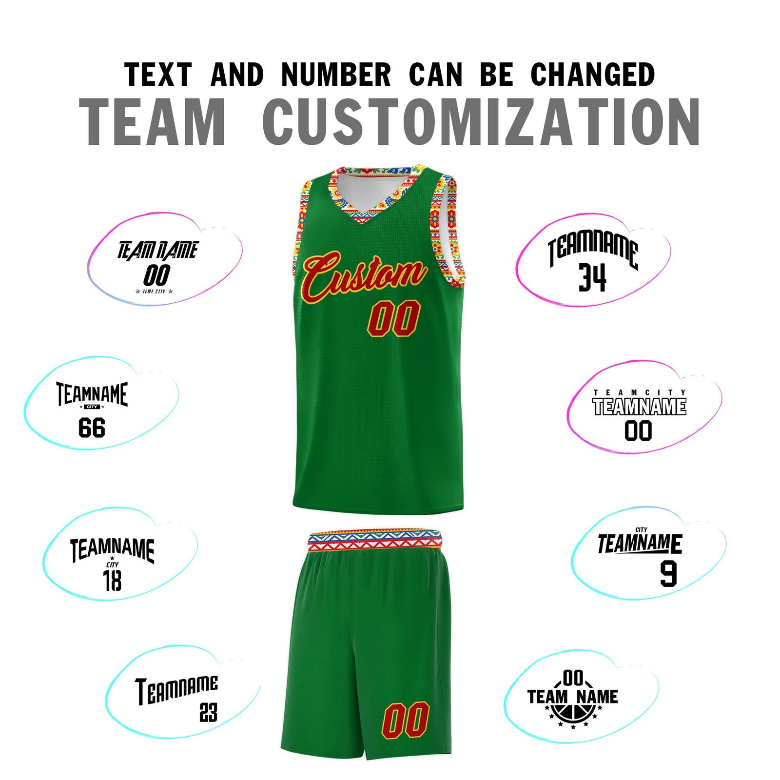 Custom Kelly Green Colorfulflower pattern Mexican Colors Graffiti Patterns Lightweight Uniform Basketball Jersey