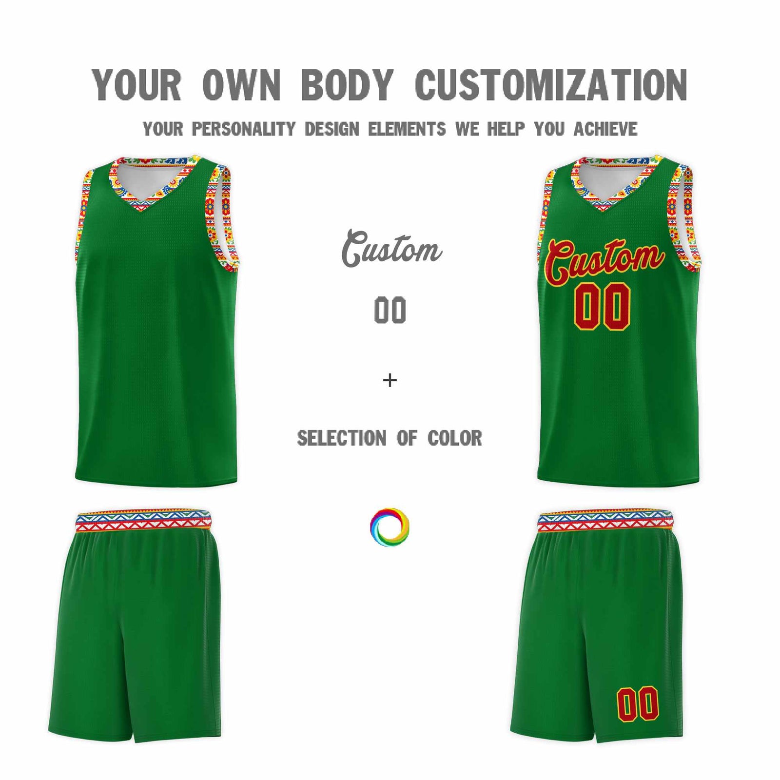 Custom Kelly Green Colorfulflower pattern Mexican Colors Graffiti Patterns Lightweight Uniform Basketball Jersey