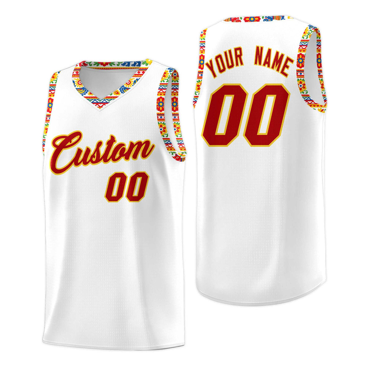 Custom White Colorfulflower pattern Mexican Colors Graffiti Patterns Wrinkle-Resistant Uniform Basketball Jersey