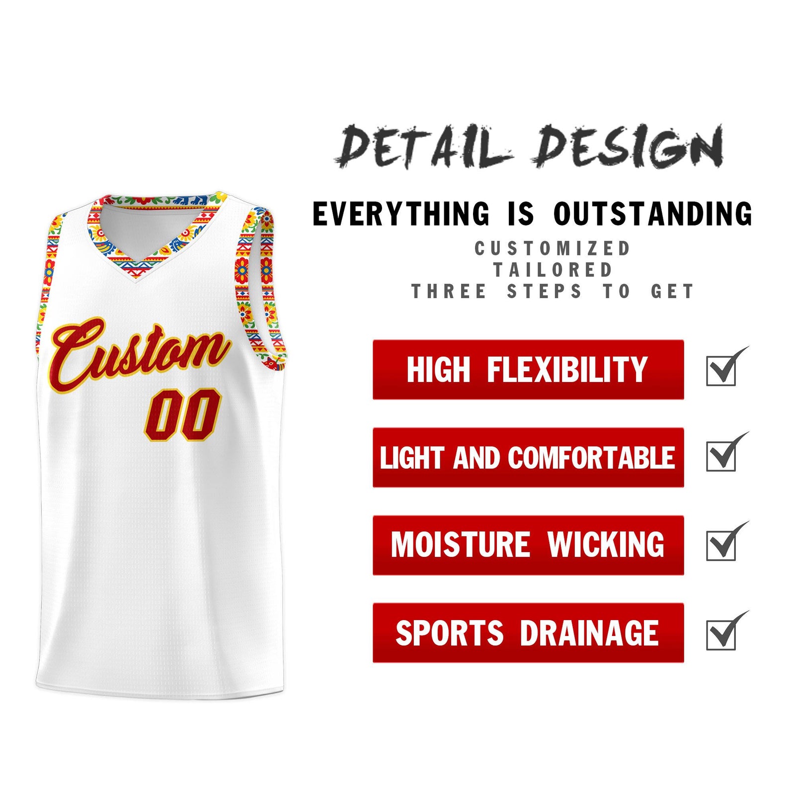 Custom White Colorfulflower pattern Mexican Colors Graffiti Patterns Wrinkle-Resistant Uniform Basketball Jersey