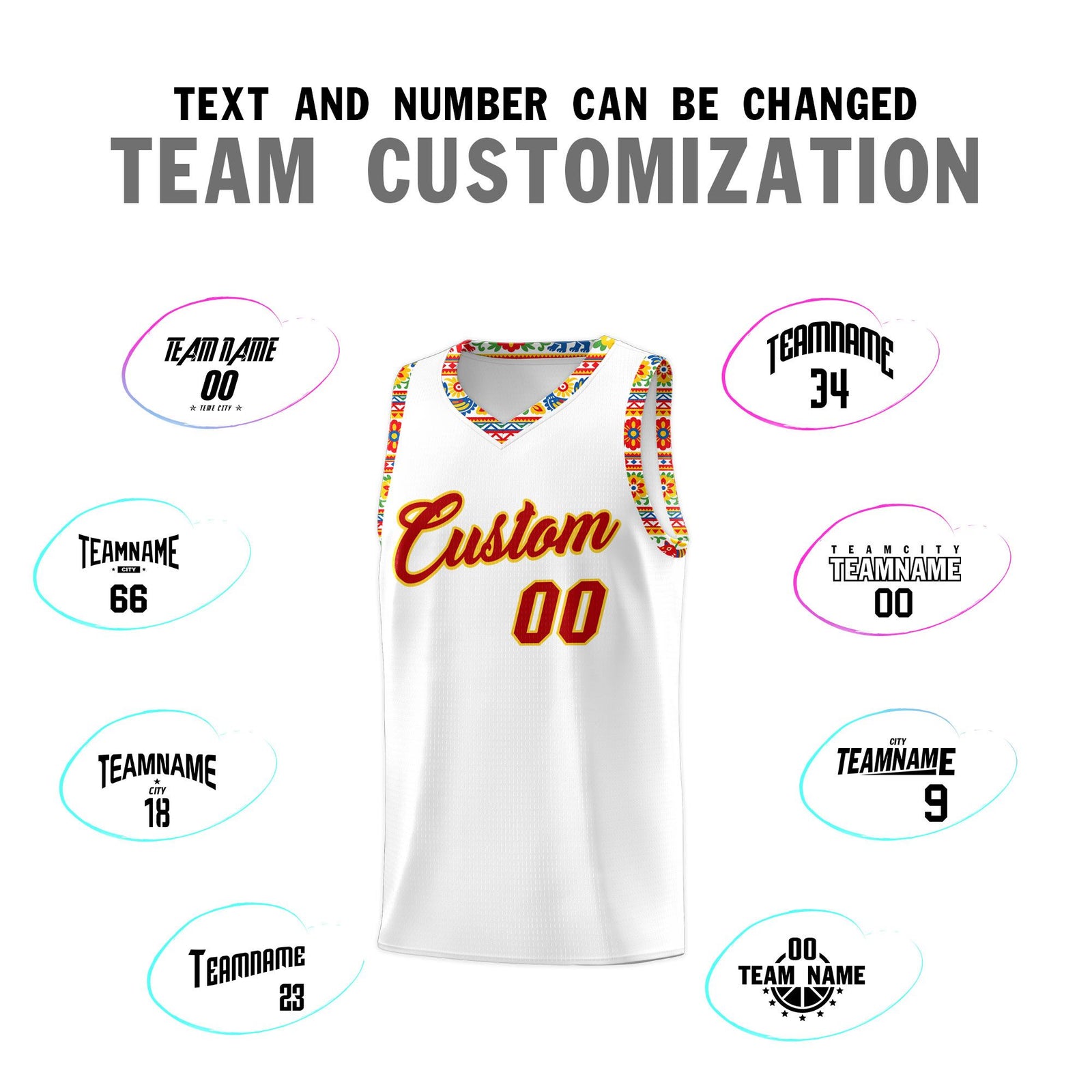 Custom White Colorfulflower pattern Mexican Colors Graffiti Patterns Wrinkle-Resistant Uniform Basketball Jersey