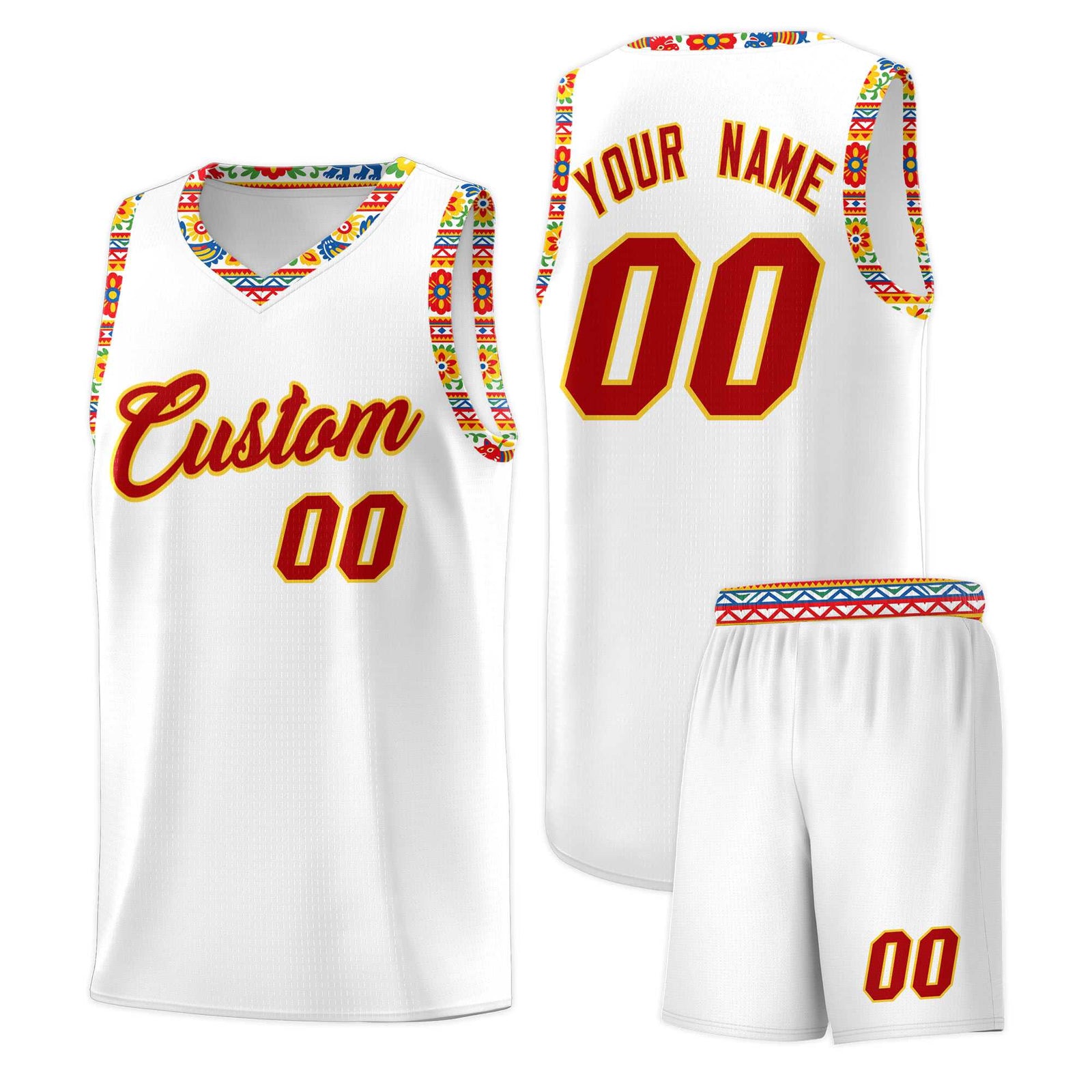 Custom White Colorfulflower pattern Mexican Colors Graffiti Patterns Wrinkle-Resistant Uniform Basketball Jersey