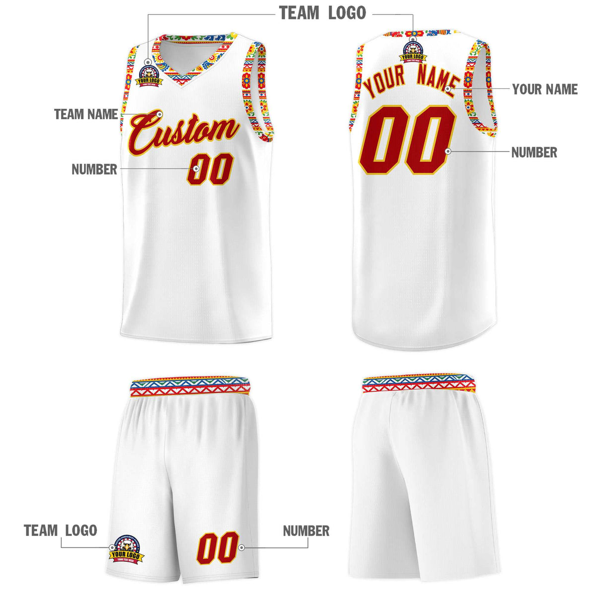 Custom White Colorfulflower pattern Mexican Colors Graffiti Patterns Wrinkle-Resistant Uniform Basketball Jersey