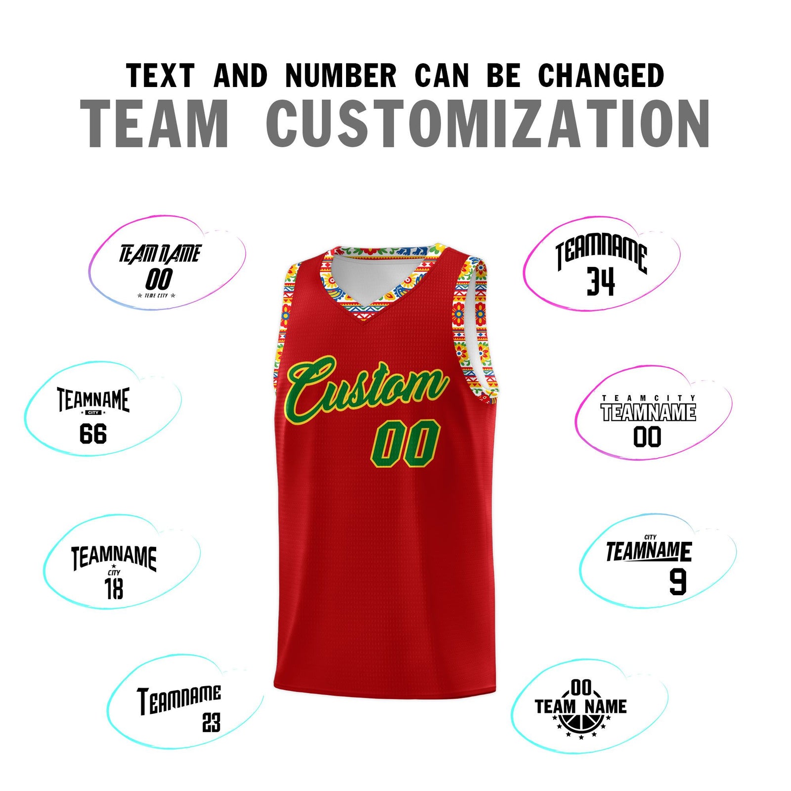 Custom Red Colorfulflower pattern Mexican Colors Graffiti Patterns Drapable Uniform Basketball Jersey