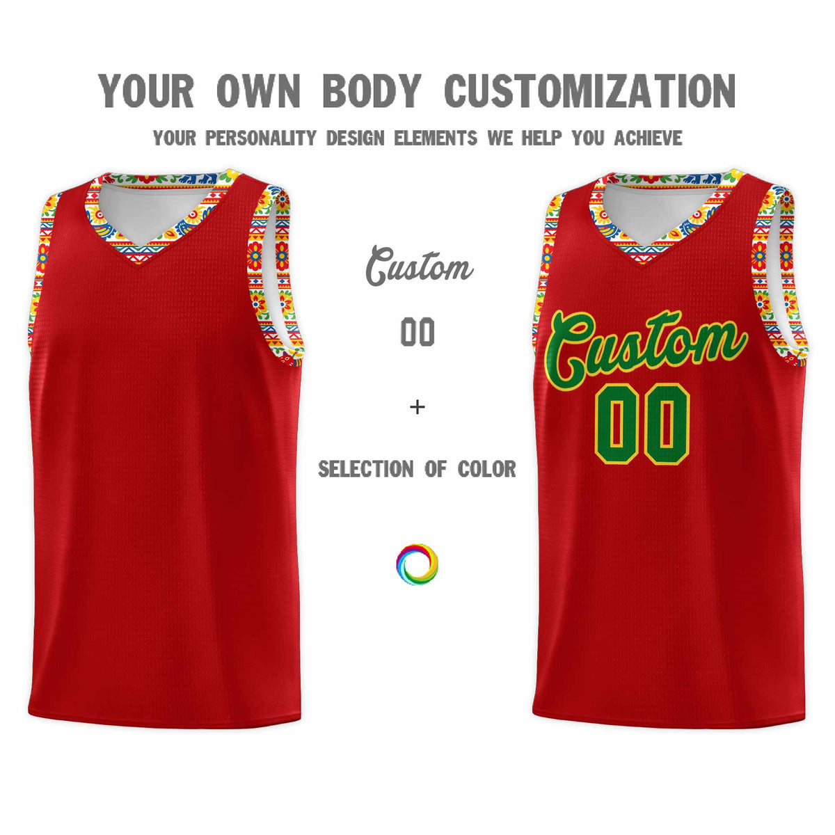 Custom Red Colorfulflower pattern Mexican Colors Graffiti Patterns Drapable Uniform Basketball Jersey
