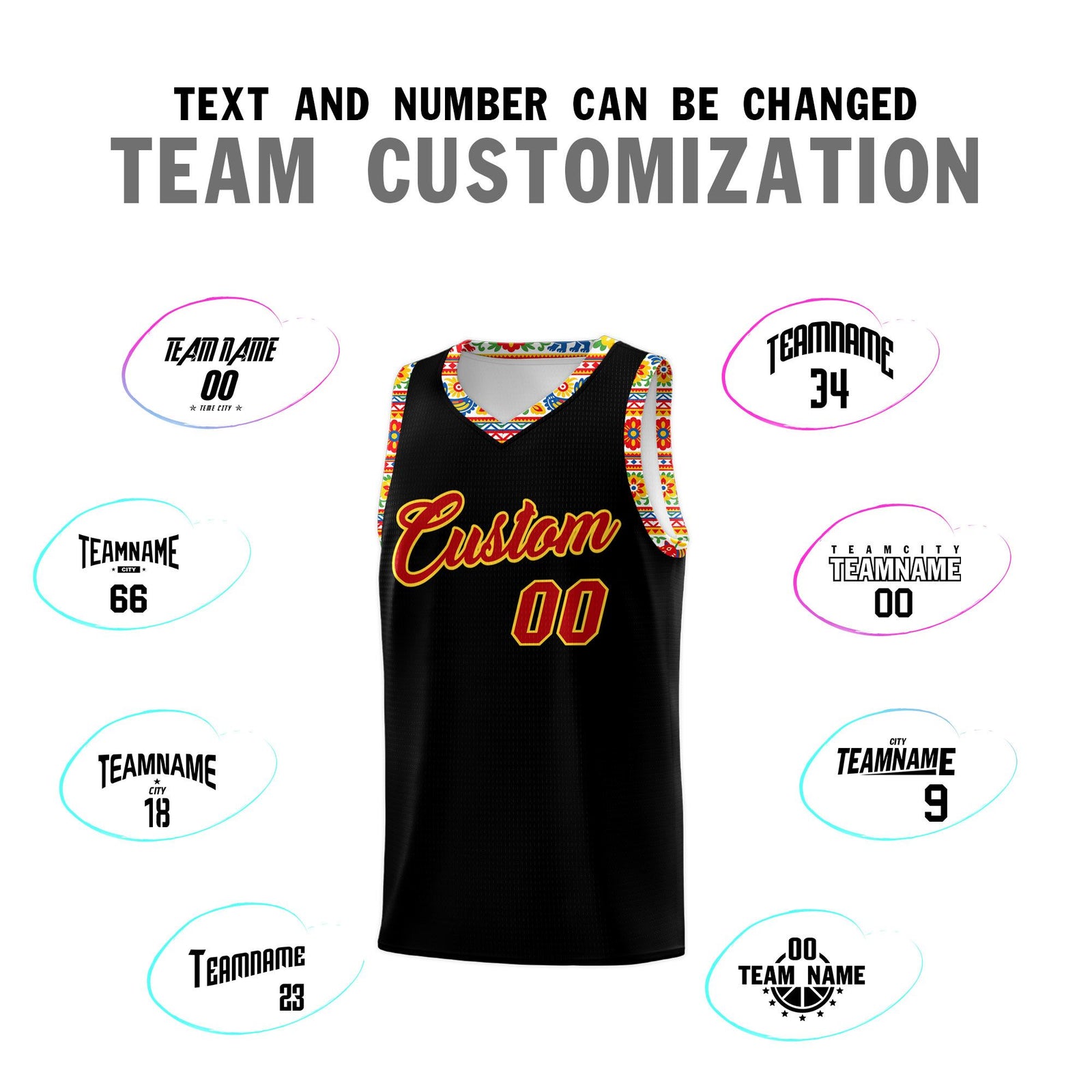 Custom Black Colorfulflower pattern Mexican Colors Graffiti Patterns Sublimation Printing Uniform Basketball Jersey