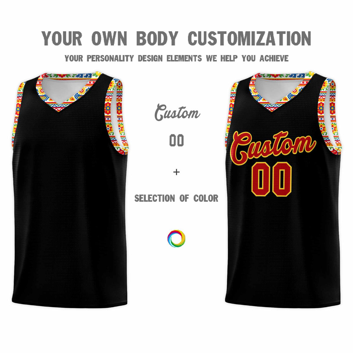 Custom Black Colorfulflower pattern Mexican Colors Graffiti Patterns Sublimation Printing Uniform Basketball Jersey