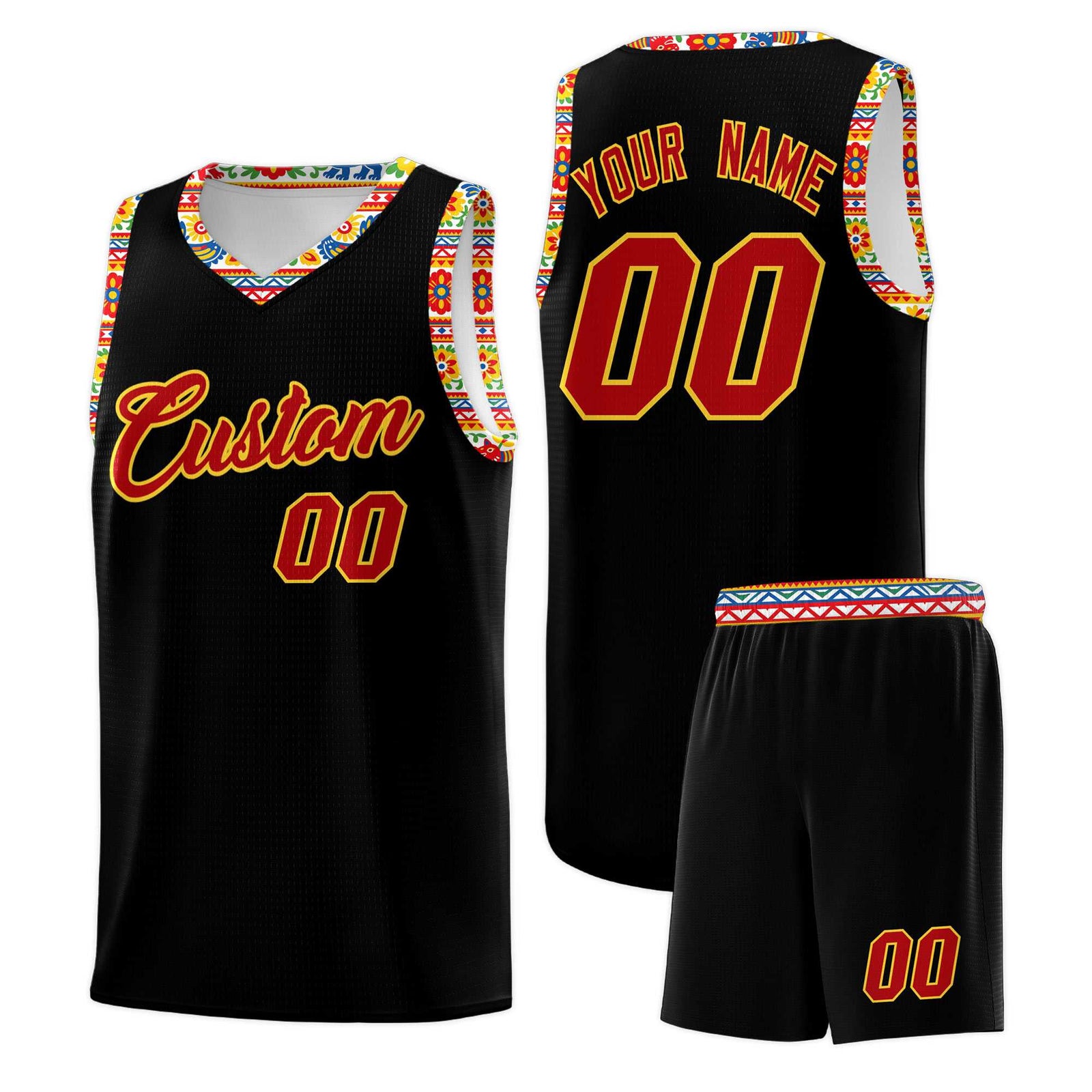 Custom Black Colorfulflower pattern Mexican Colors Graffiti Patterns Sublimation Printing Uniform Basketball Jersey