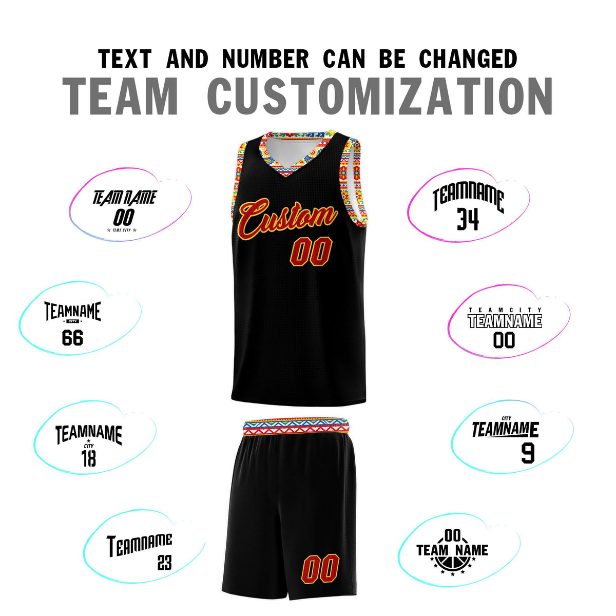 Custom Black Colorfulflower pattern Mexican Colors Graffiti Patterns Sublimation Printing Uniform Basketball Jersey