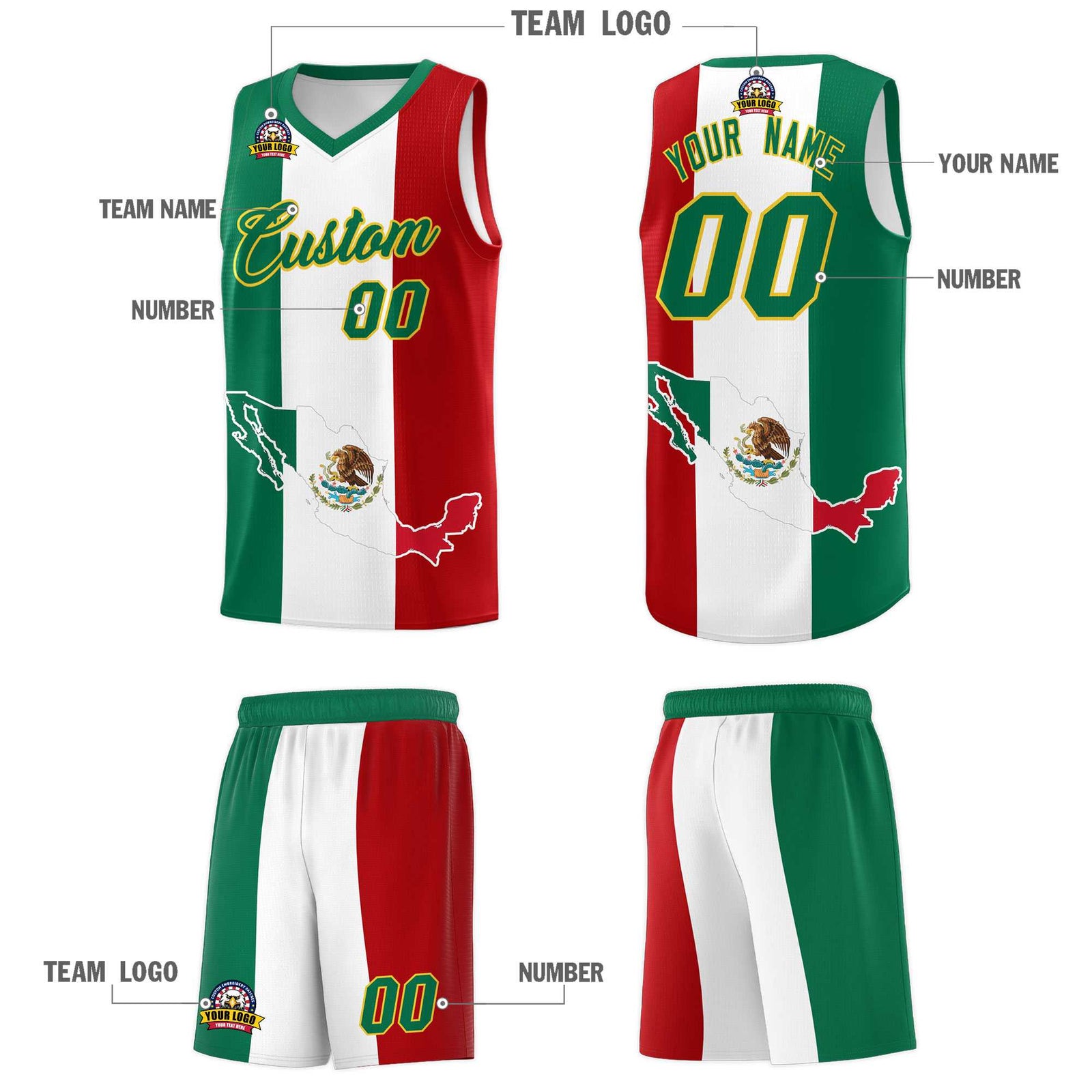 Custom White Kelly Green Red Mexican Colors Graffiti Patterns Quick-Drying Uniform Basketball Jersey